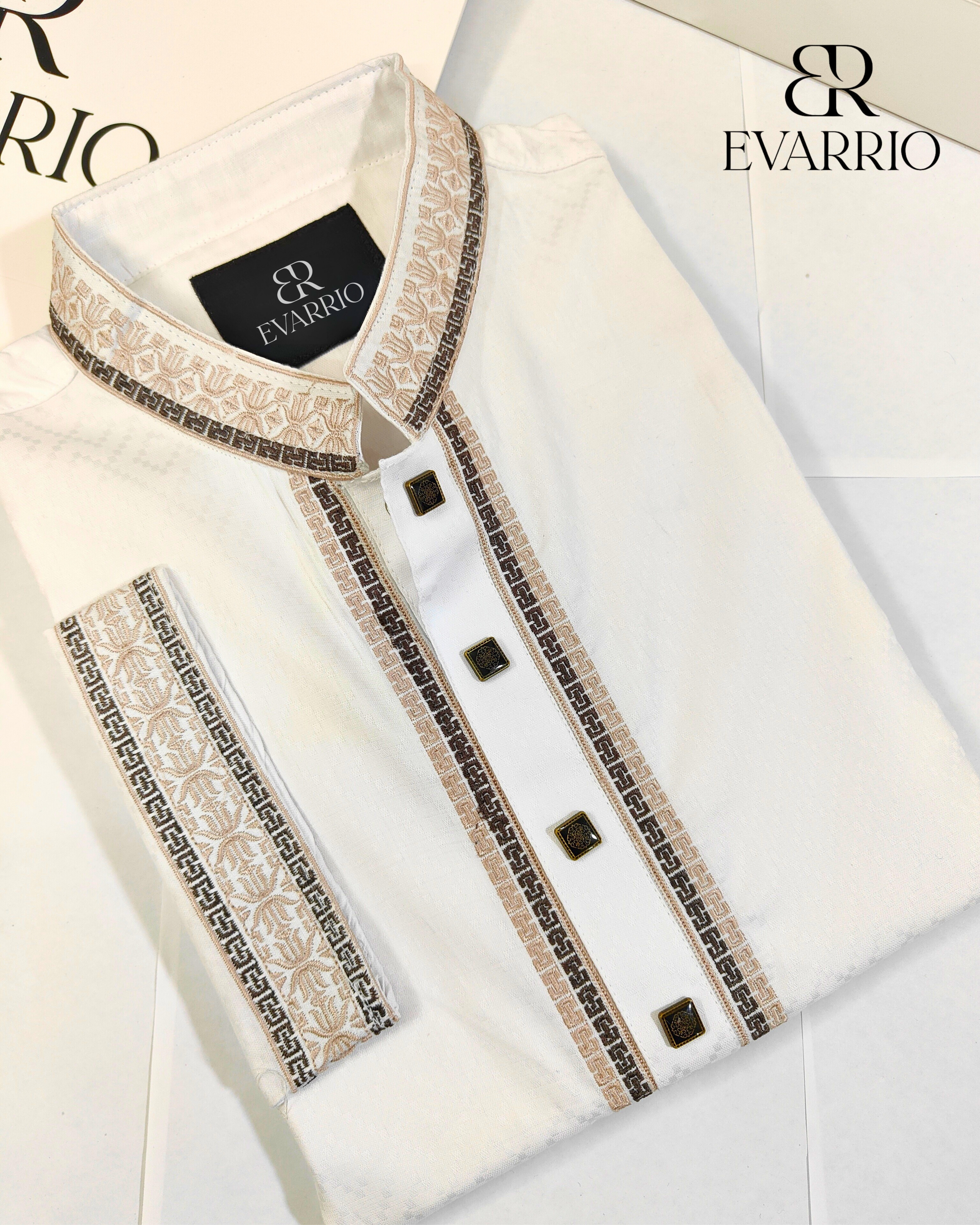 EVARRIO Signature White Heritage Panjabi – Earth-Tone Collection image 2