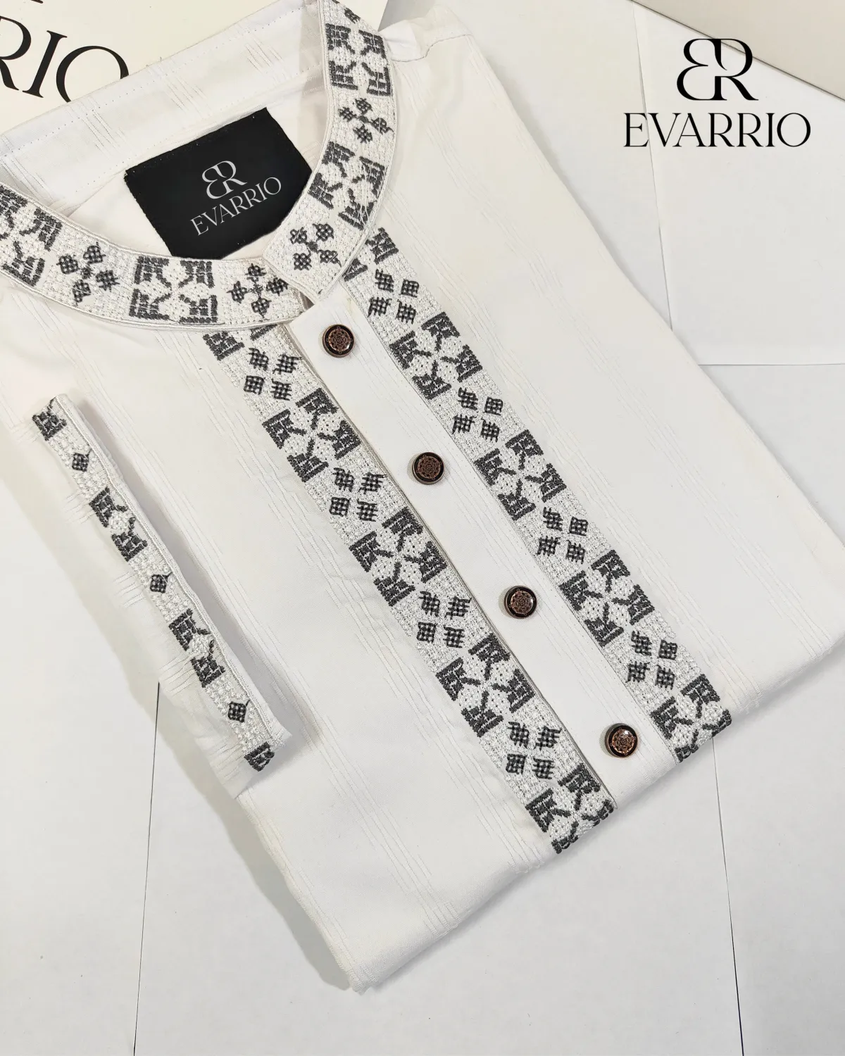 Premium Textured Panjabi with Charcoal Geometric Accents - Image 1