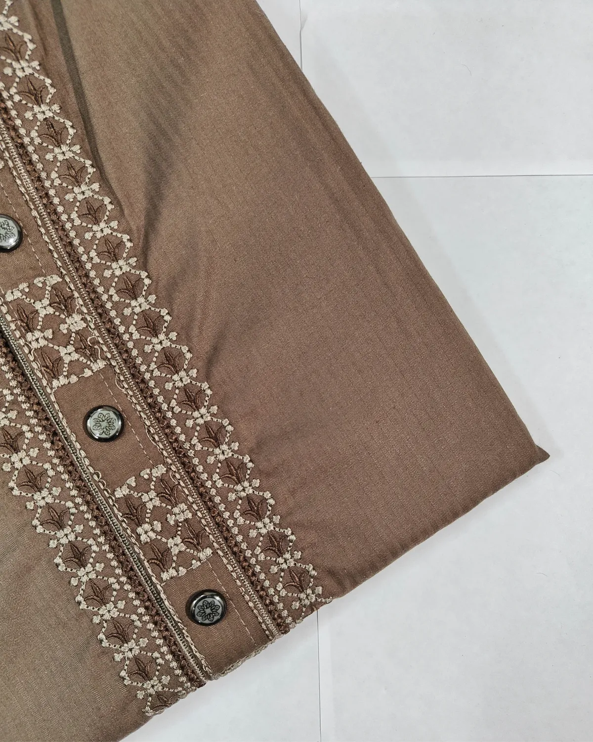 Roasted Mocha Panjabi with Cream Lattice Embroidery - Image 3