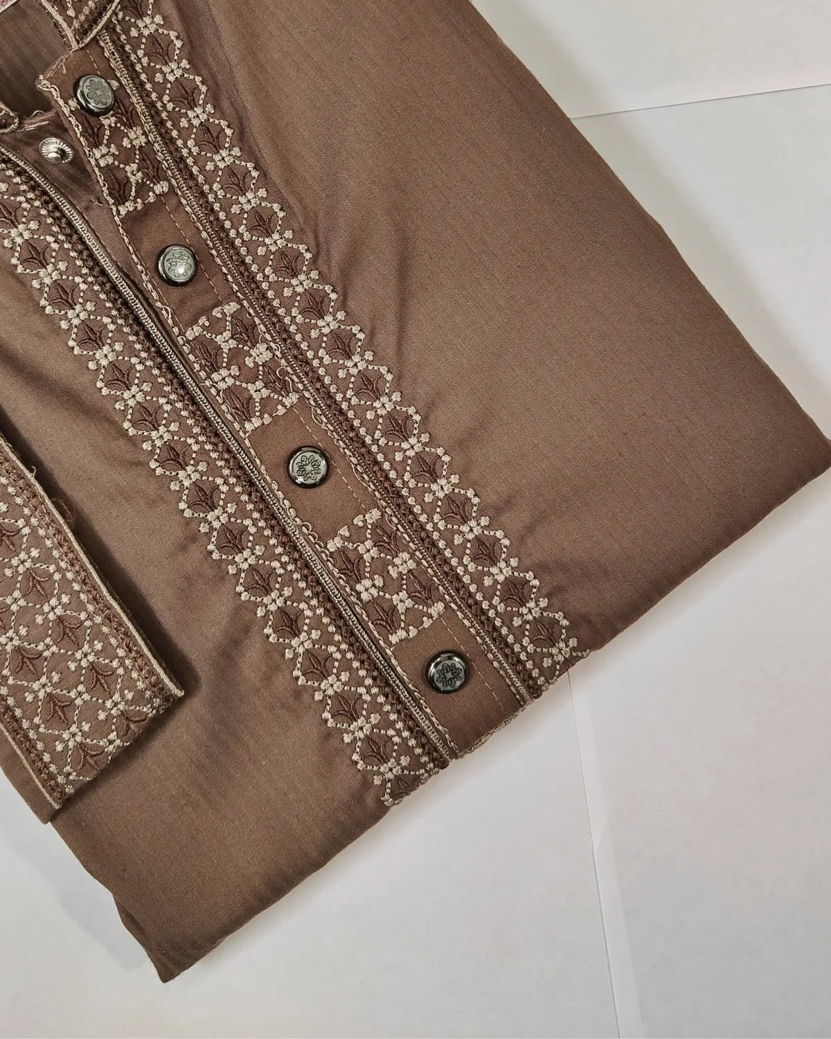 Roasted Mocha Panjabi with Cream Lattice Embroidery - Image 2