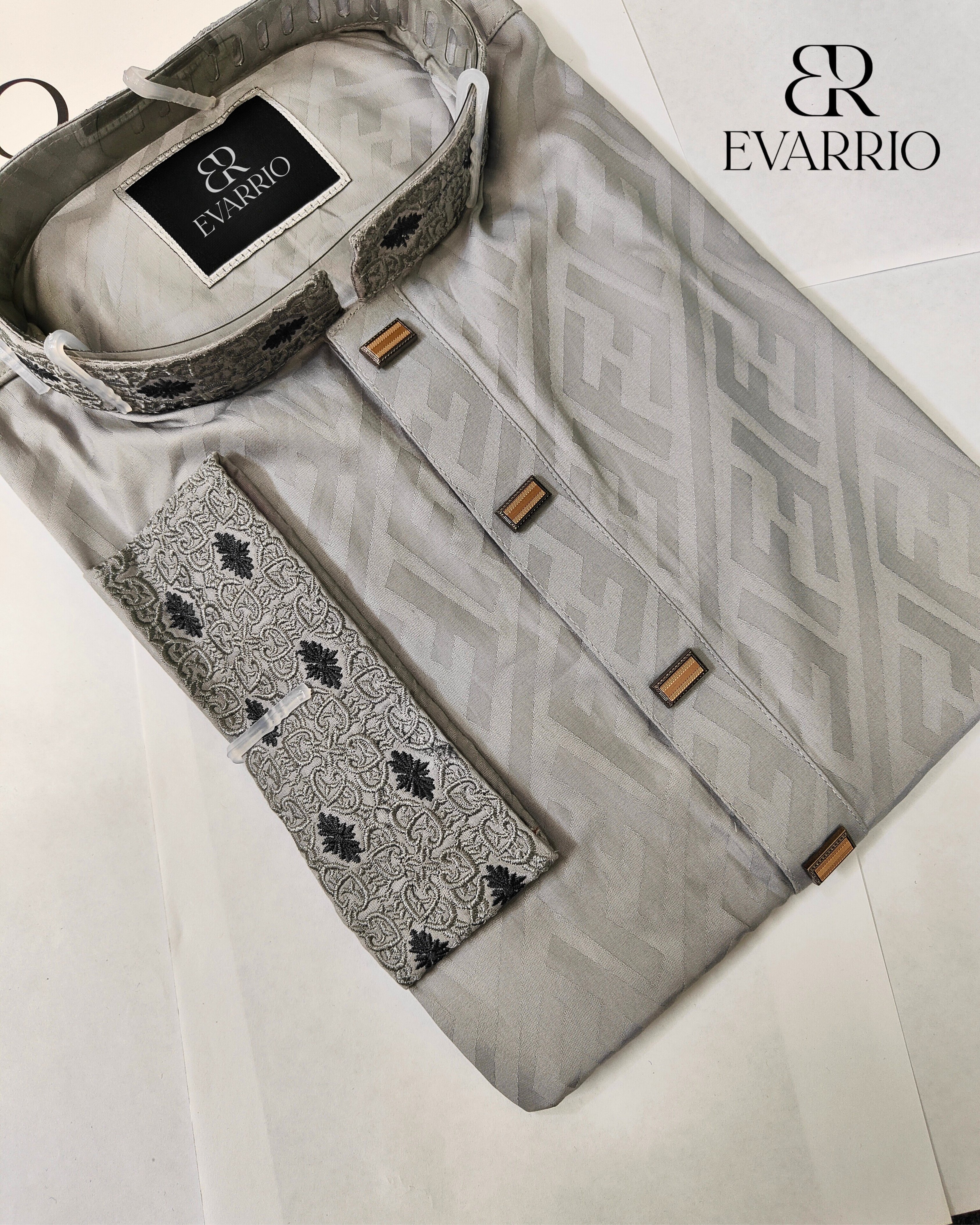 Luxury Geometric Jacquard Panjabi with Bronze Bar Accents image 2