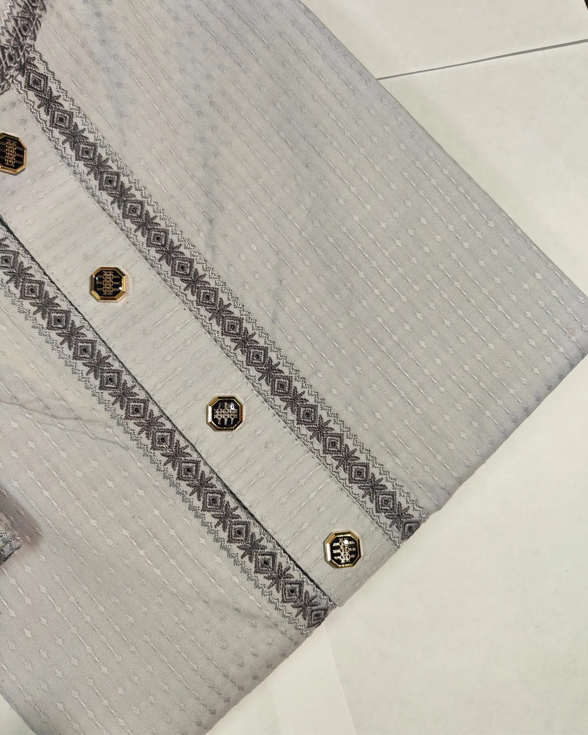 Platinum Grey Textured Panjabi with Charcoal Embroidery - Image 3