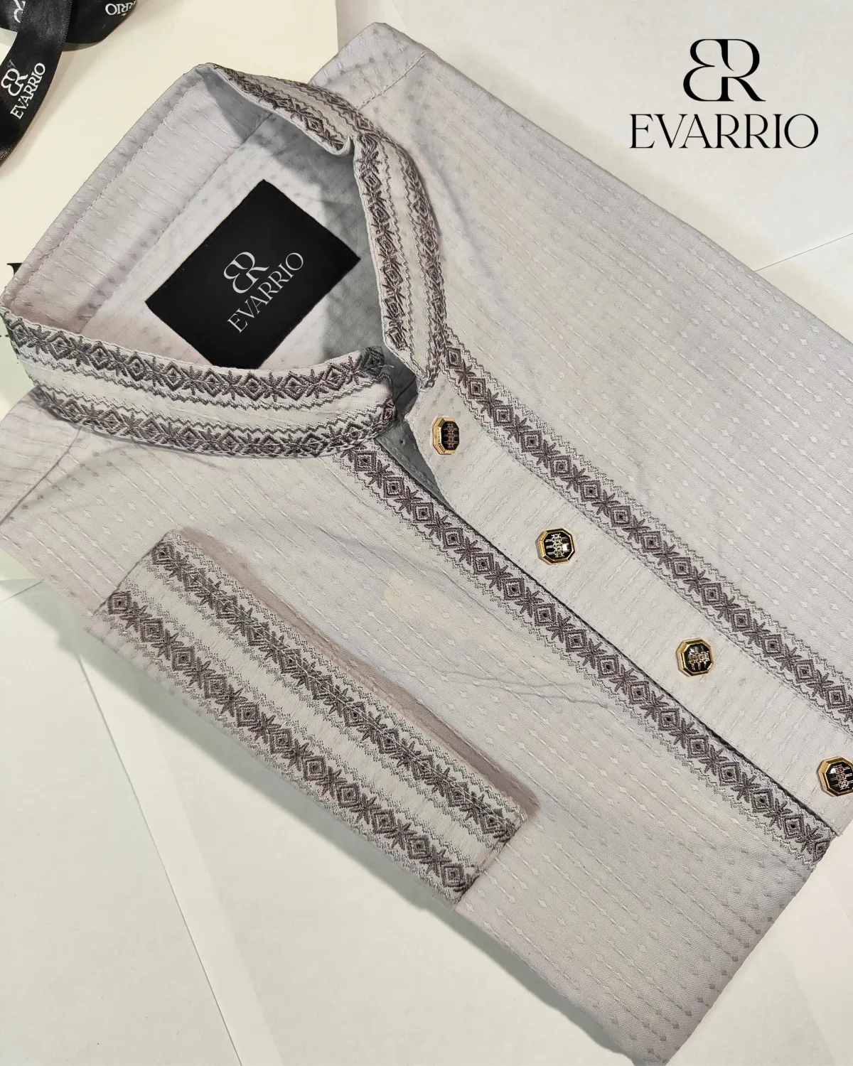 Platinum Grey Textured Panjabi with Charcoal Embroidery - Image 2