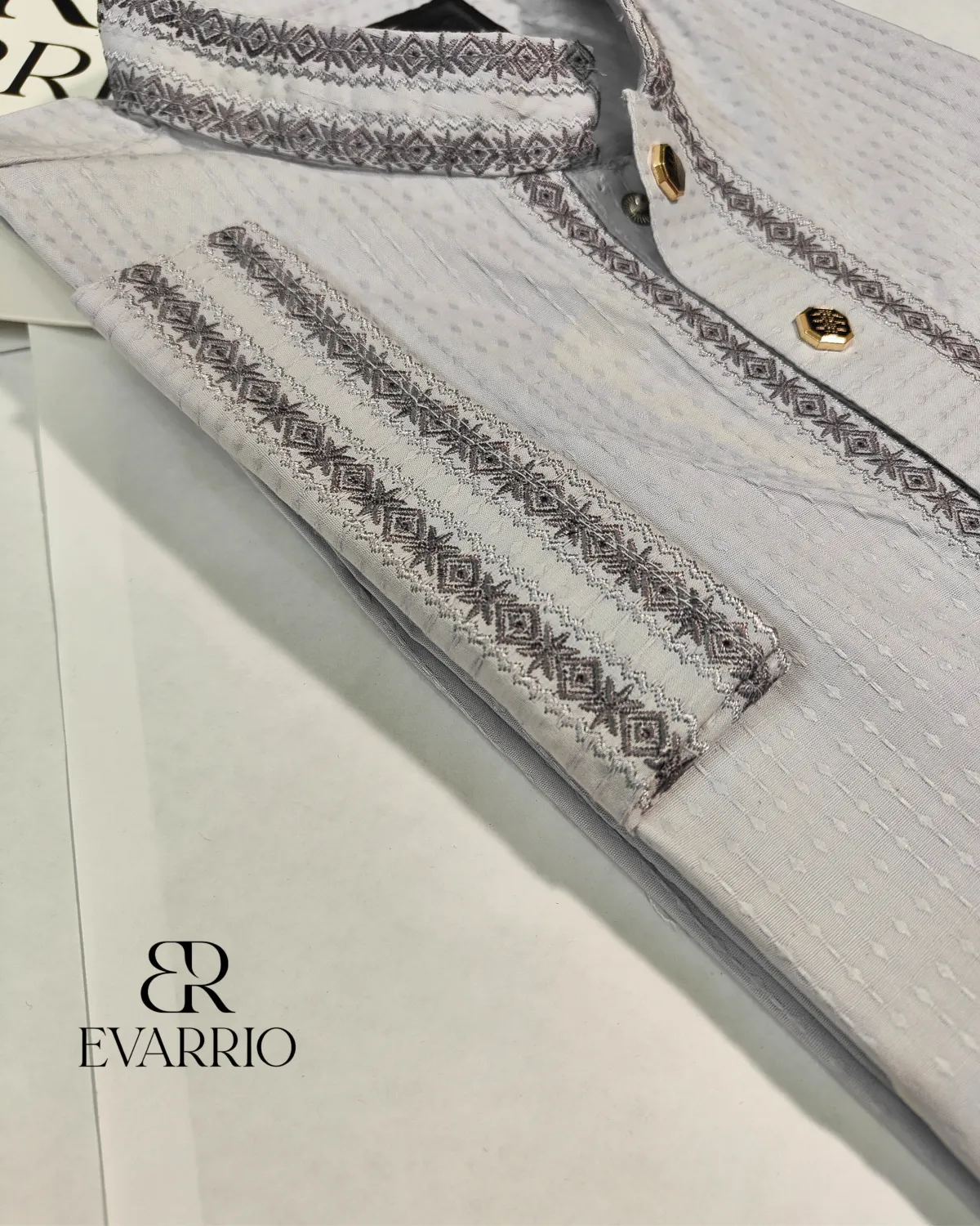 Platinum Grey Textured Panjabi with Charcoal Embroidery - Image 1