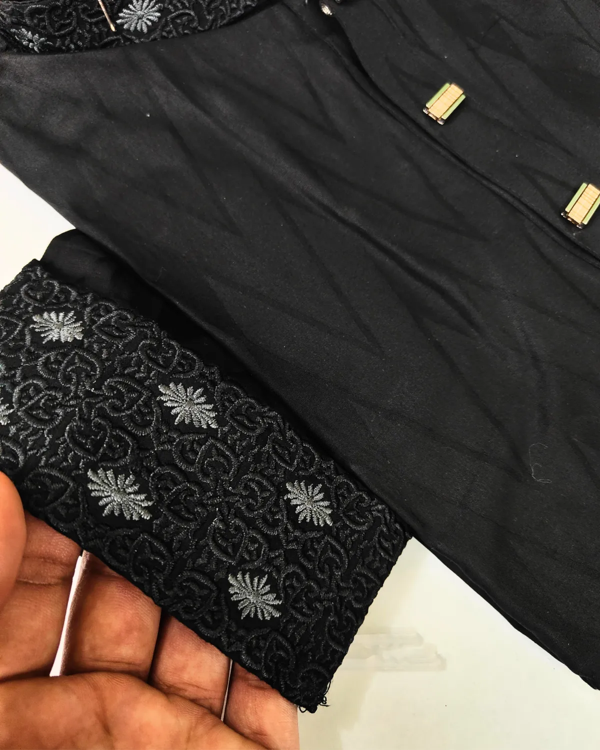 Premium Black Panjabi with Silver Floral Embroidery & Gold Accents - Image 2
