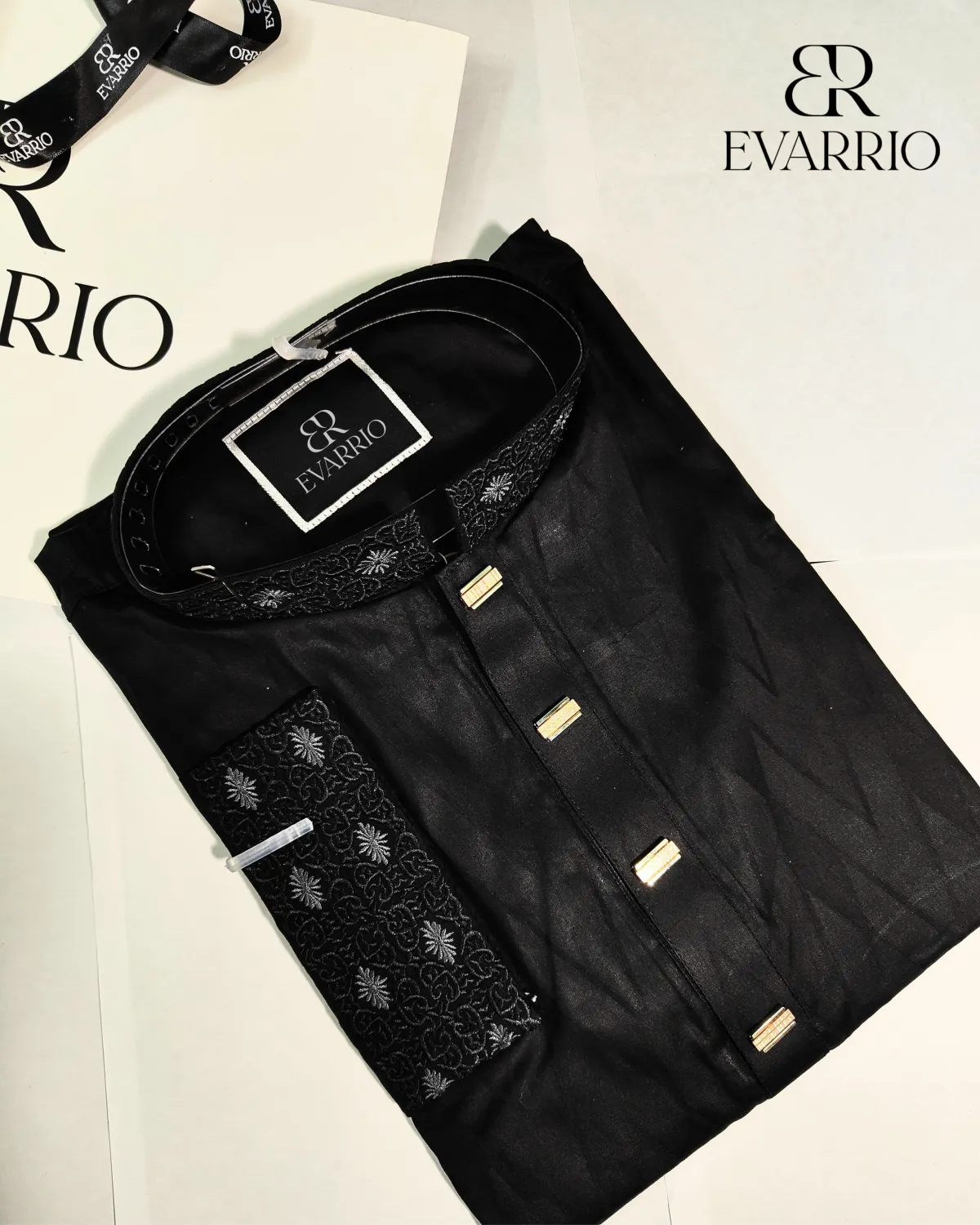 Premium Black Panjabi with Silver Floral Embroidery & Gold Accents - Image 1