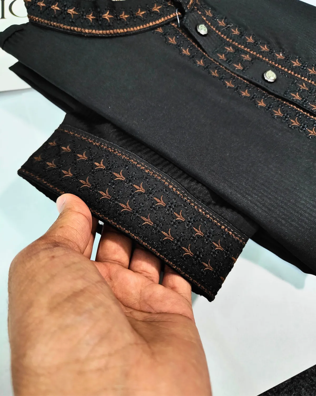 Premium Black Panjabi with Intricate Bronze Embroidery - Image 1