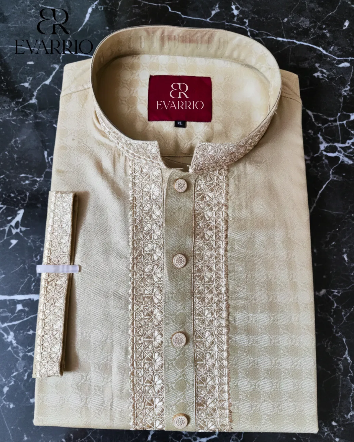 Evarrio Elite Cream-Gold Jacquard Pure Cotton Panjabi - Image 1