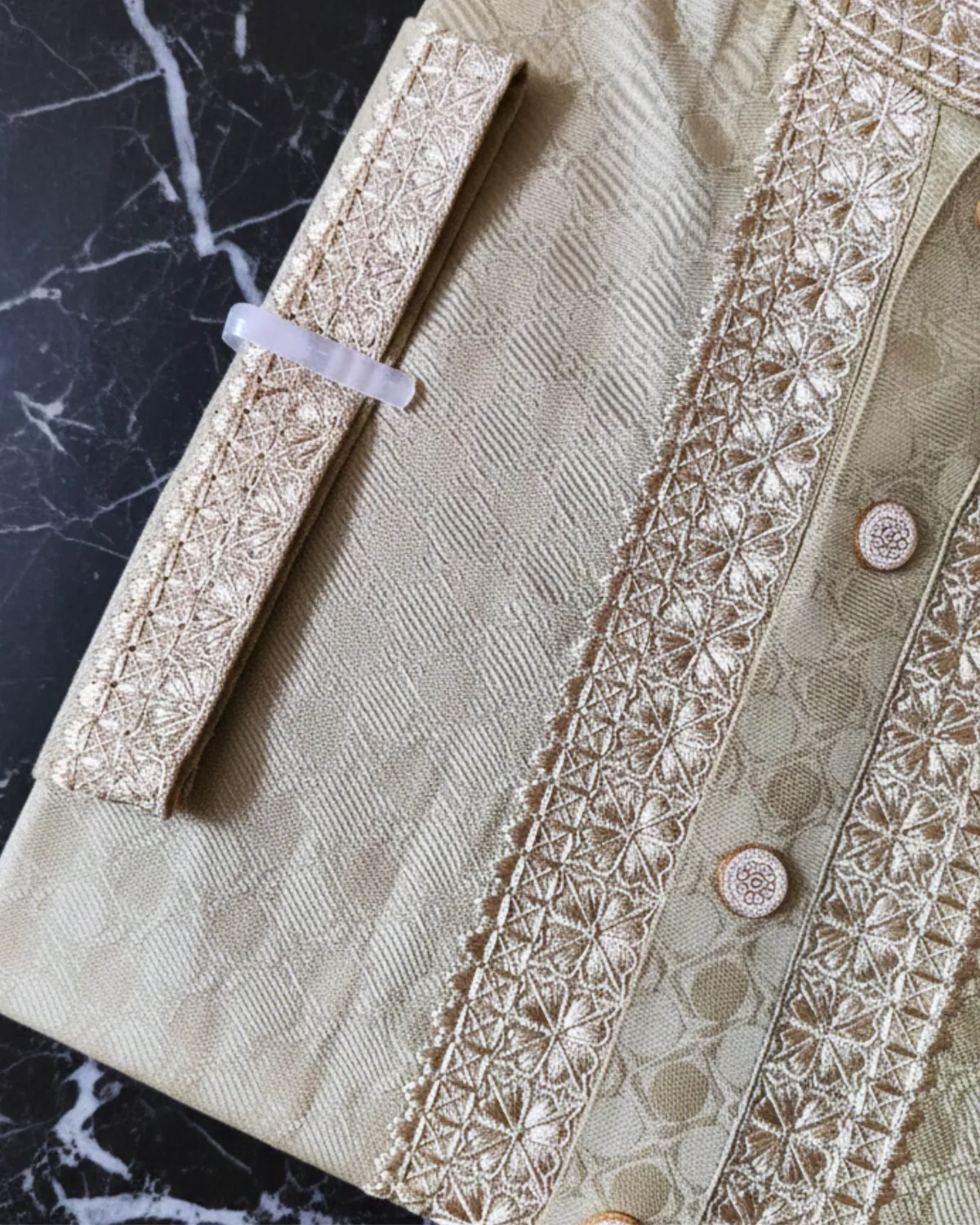 Evarrio Elite Cream-Gold Jacquard Pure Cotton Panjabi - Image 2