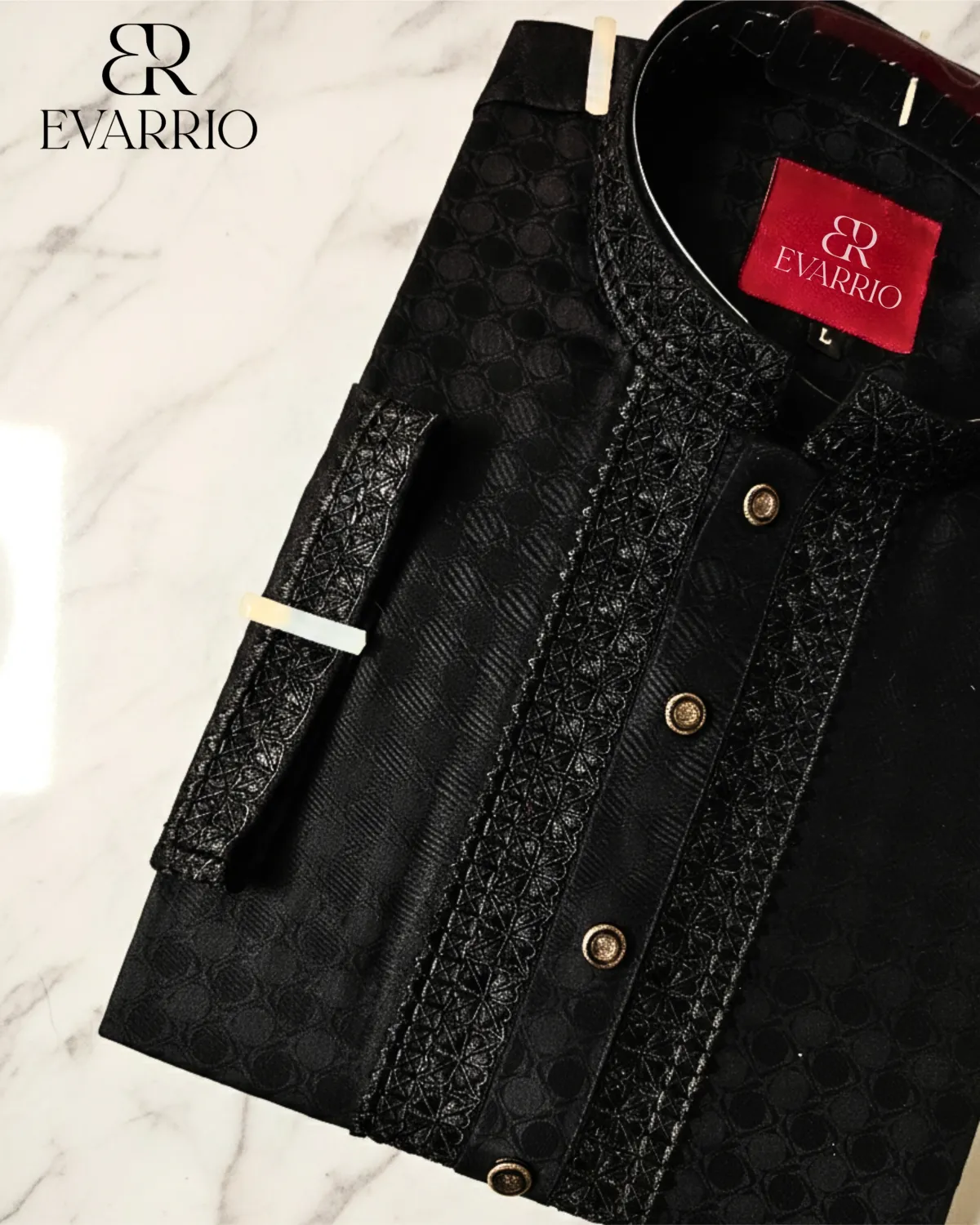Evarrio Onyx Black Premium Jacquard Pure Cotton Panjabi - Image 1
