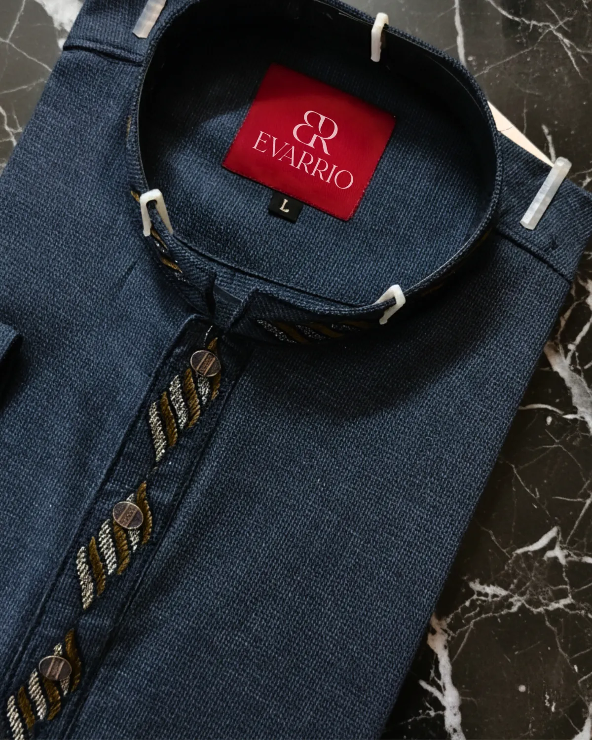 Evarrio "Steel Azure" Artisan Textured Pure Cotton Panjabi - Image 3