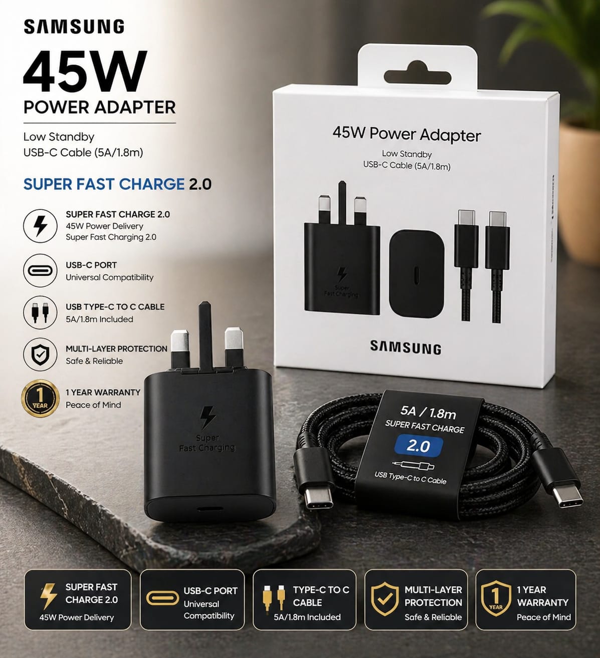 Samsung 45W 5A USB-C Power Adapter with Cable