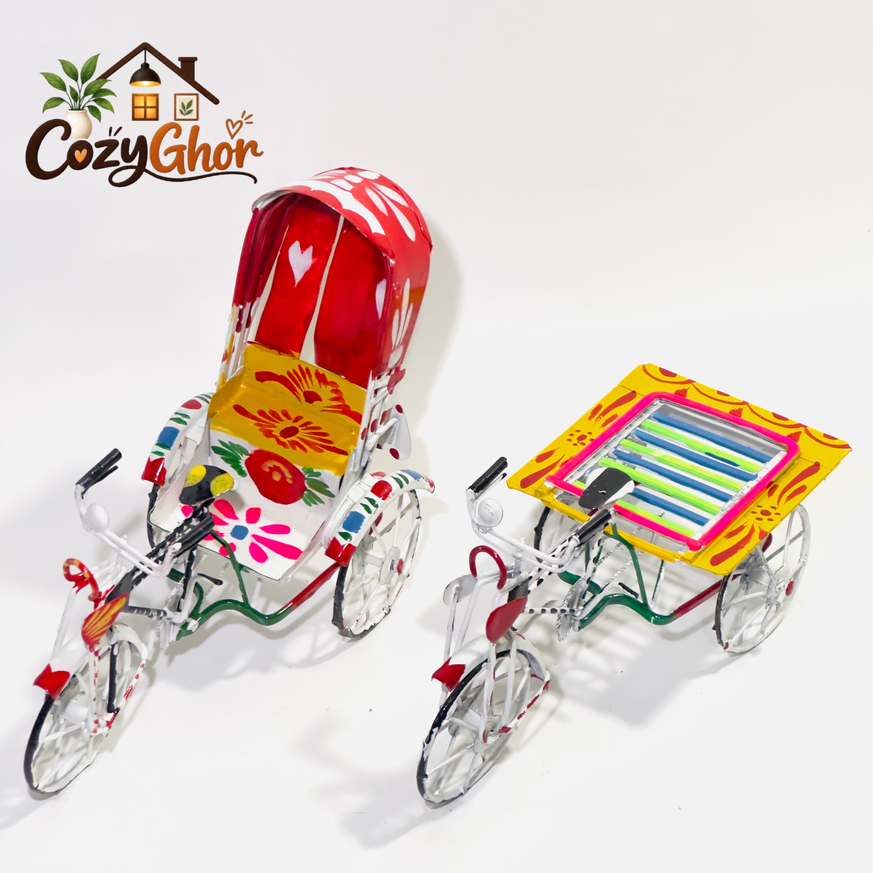 🛺🚲 Hand-Painted Traditional Rickshaw & Van Combo Set (2-Piece Set)