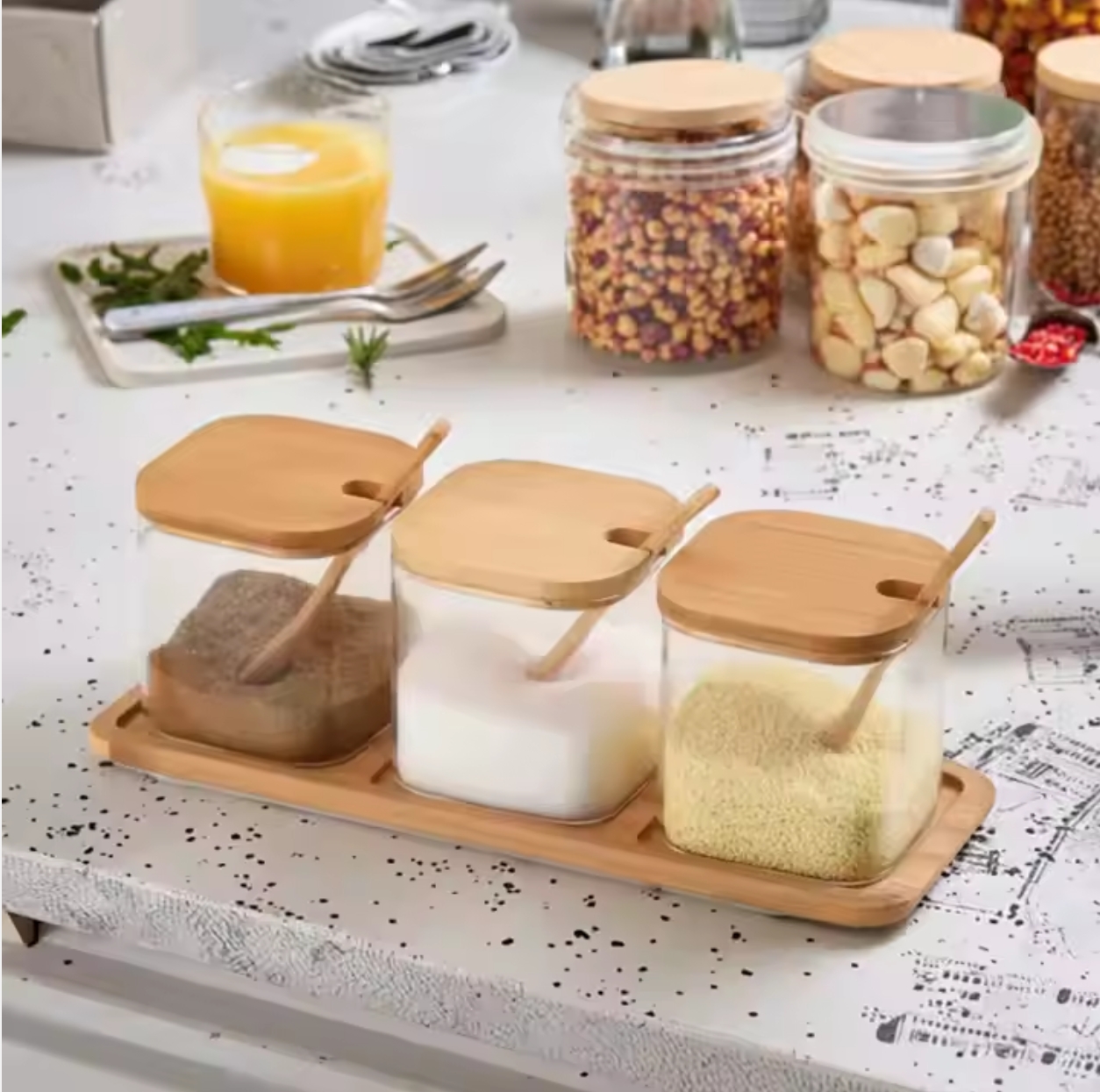 3-Piece Glass Seasoning Jar Set with Bamboo Base image 3