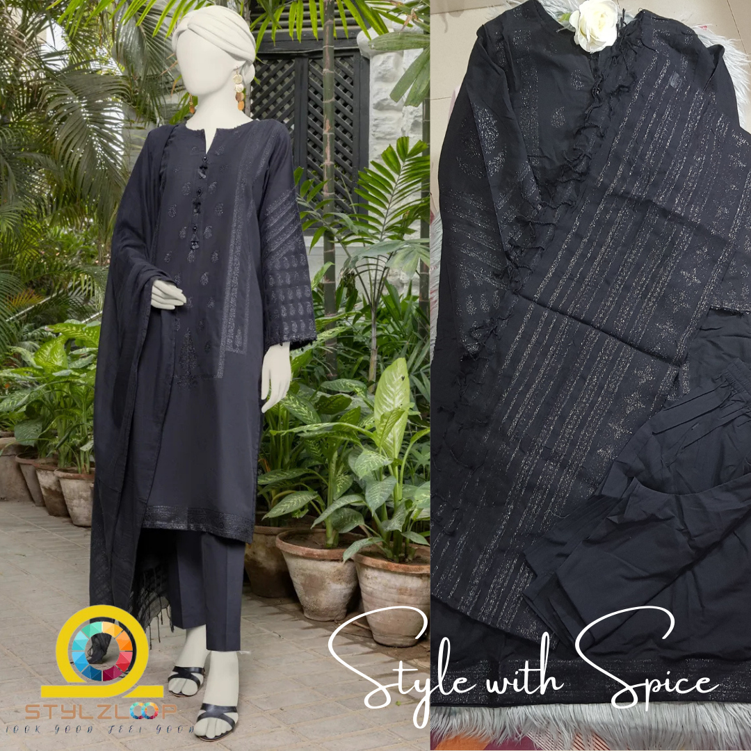 BLACK JACQUARD WOVEN UNSTITCHED 3PC | JLawn - Image 3