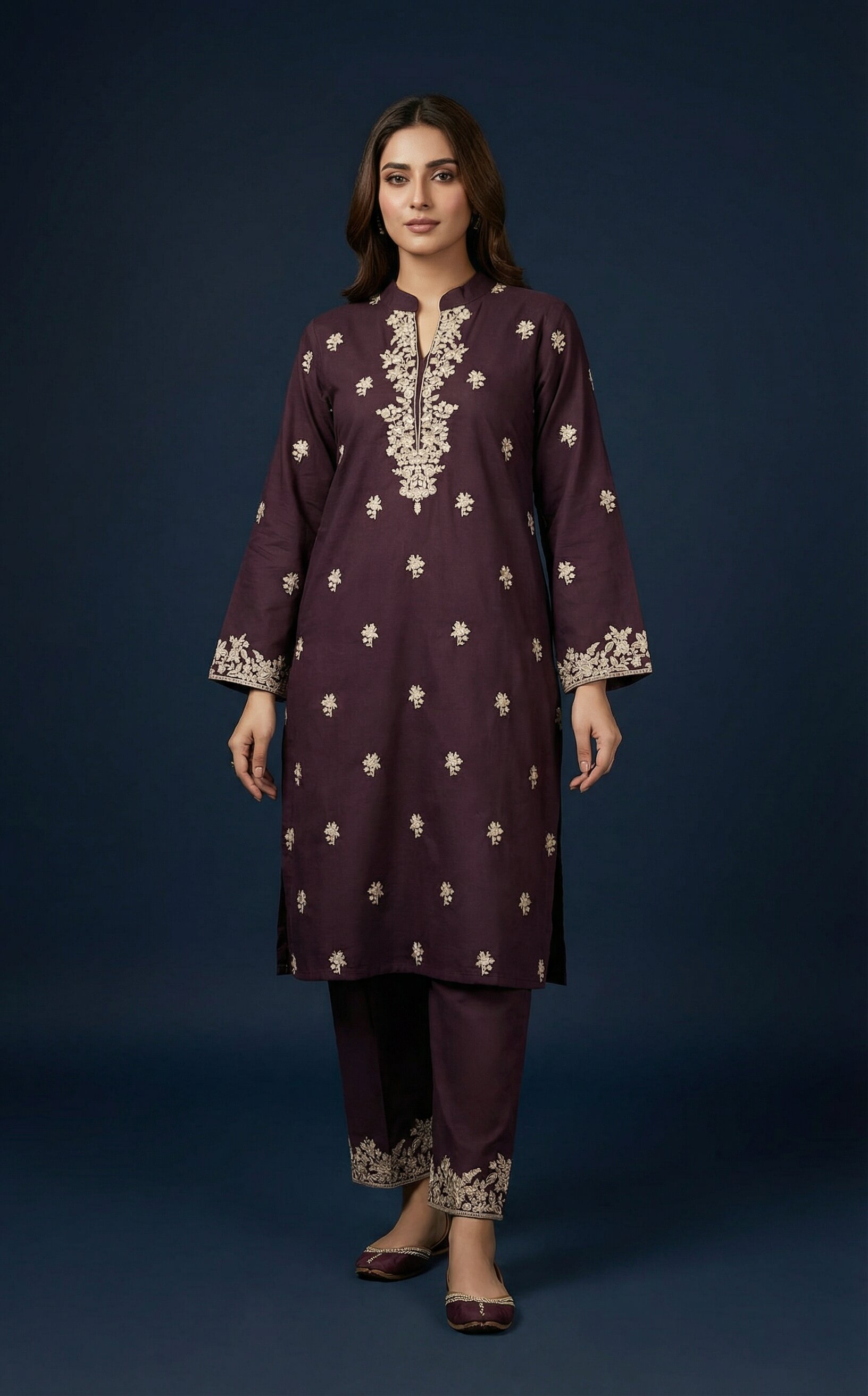 2 Piece Ready to wear Full Body Embroidered Cotton- Coffee color - Image 3