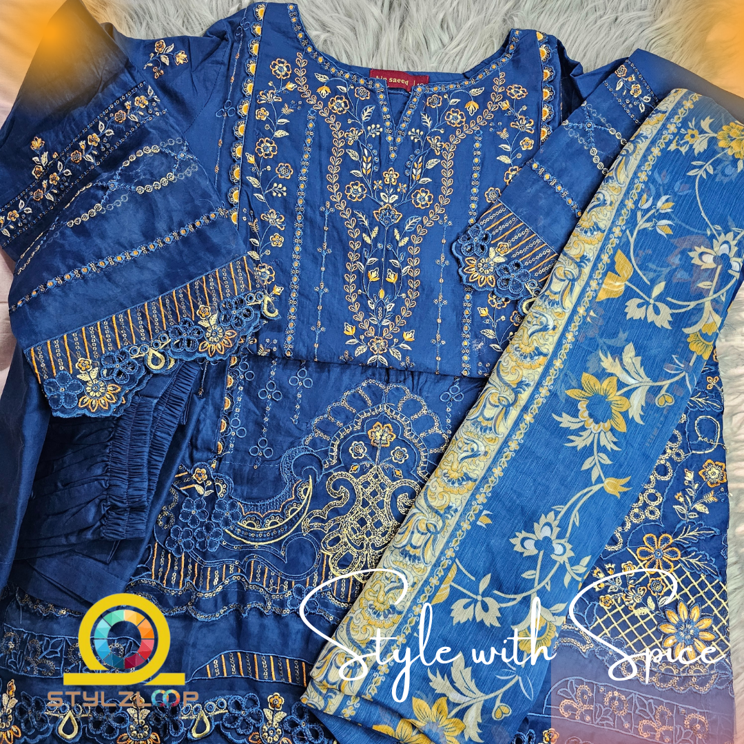 3 pc Bin Saeed Ready Made Heavy Embroidered Cotton Dress | Blue - Image 4