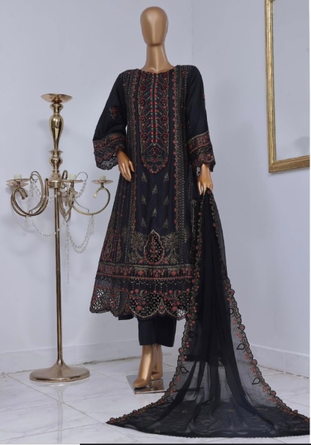 3 Piece Stitched Luxury Self Embroidered Frock Elegant Lawn Collection | Bin Saeed-Black Frock (Imported from Pakistan)