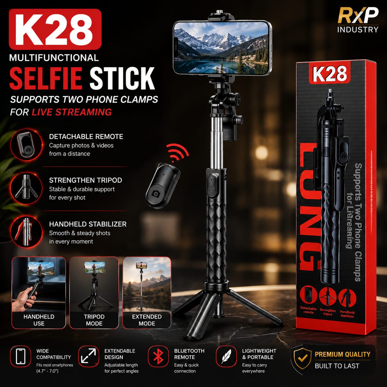 K28 Multifunctional Selfie Stick with Tripod & Bluetooth Remote for Live Streaming