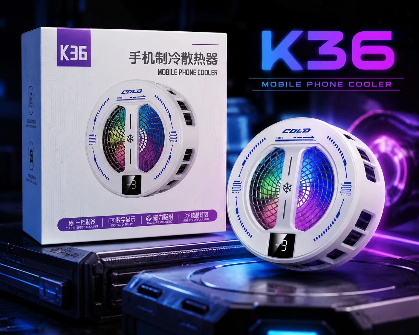 K36 Mobile Phone Cooler with Digital Display RGB Light Magnetic Semiconductor Cooling Fan for Android & iPhone
