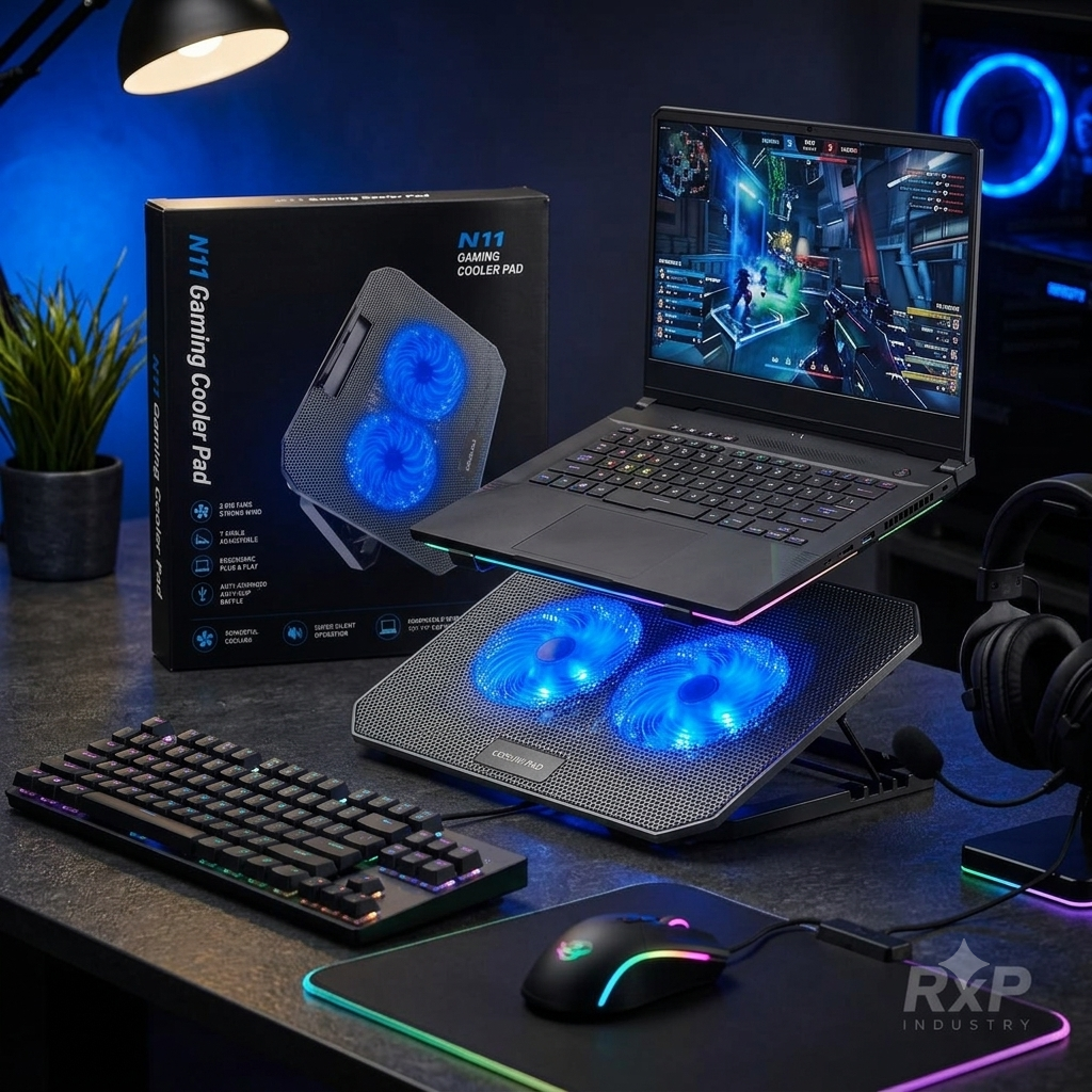 N11 Gaming Laptop Cooler Pad with Dual Blue LED Fans (10–17 Inch, USB Powered)