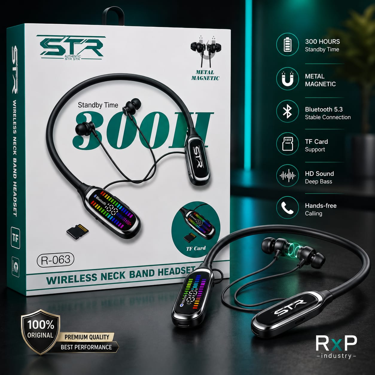 STR R063 Wireless Neckband Bluetooth Earphones Metal Magnetic TF Card HD Sound