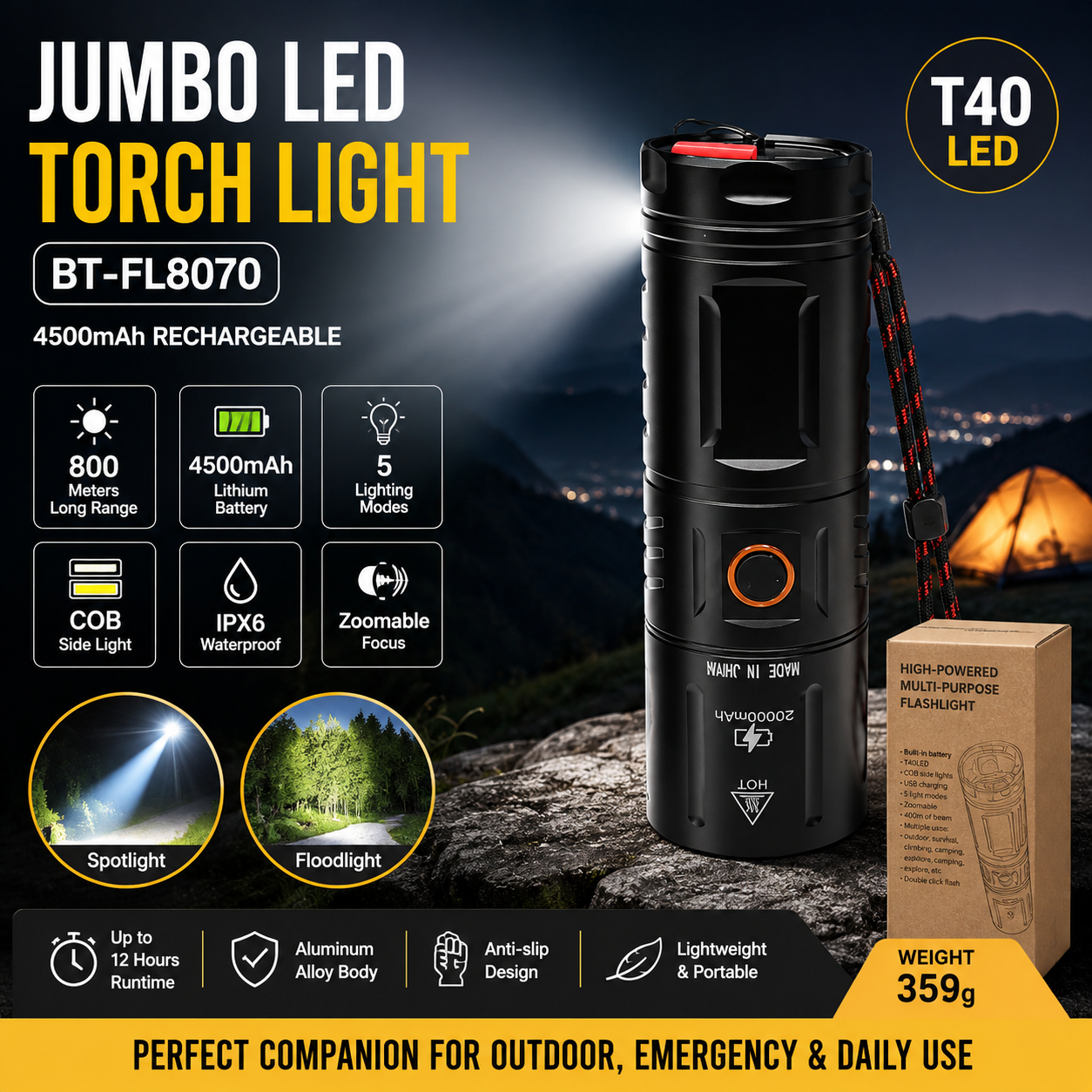 Jumbo LED Torch Light BT-FL8070 (4500mAh) রিচার্জেবল টর্চ লাইট