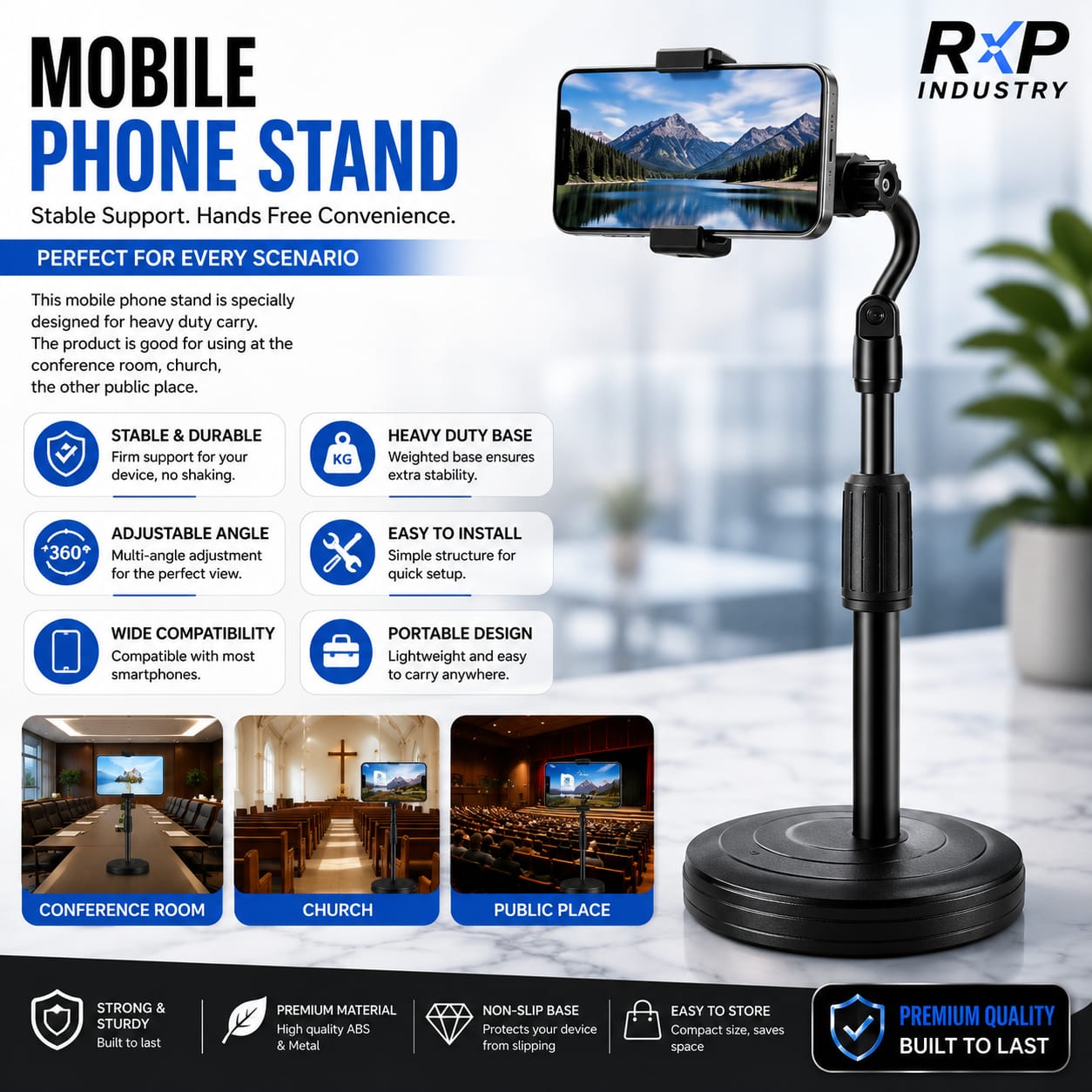 Heavy Duty Mobile Phone Stand Adjustable Desktop Floor Stand for Live Streaming, Conference & Recording
