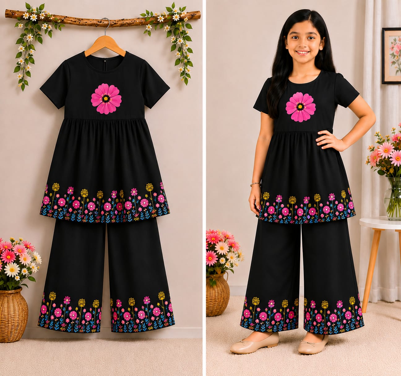 Premium Black Embroidery 2-Piece Dress Set for Girls