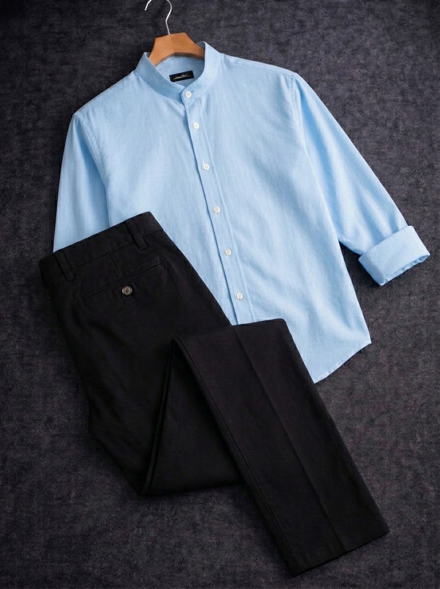 Band collar sky shirt with formal Pant