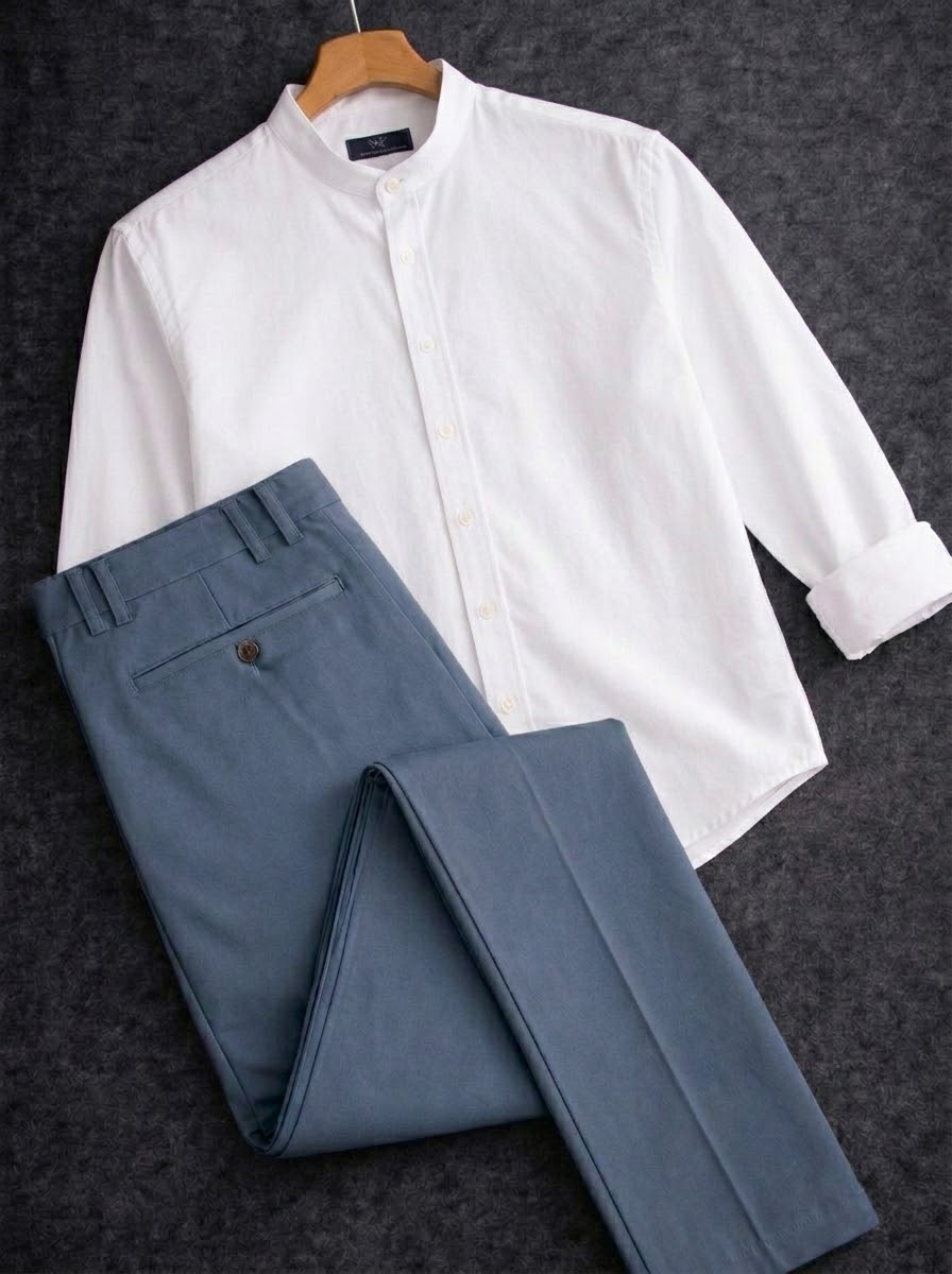 Band collar white shirt with formal pant combo_img_0