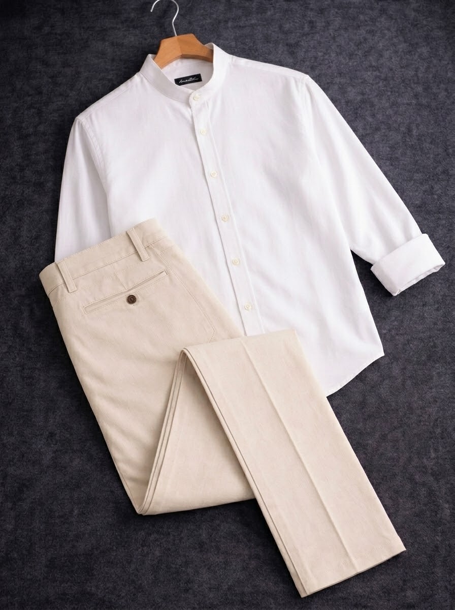 Band collar white shirt with formal pant combo_img_1