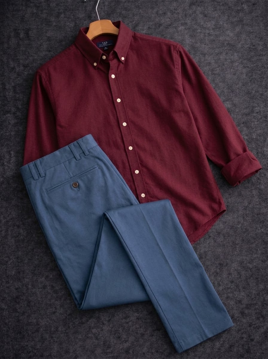 Maroon shirt with greyish blue formal pant combo