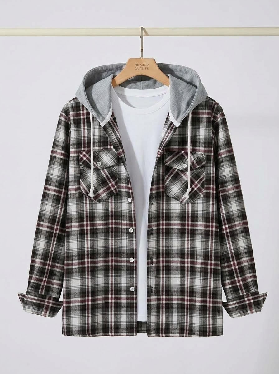 Premium check hooded shirt for winter 008