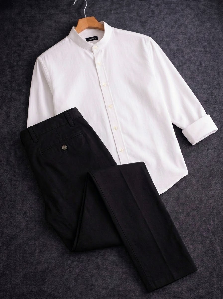 Band collar white shirt with formal pant combo