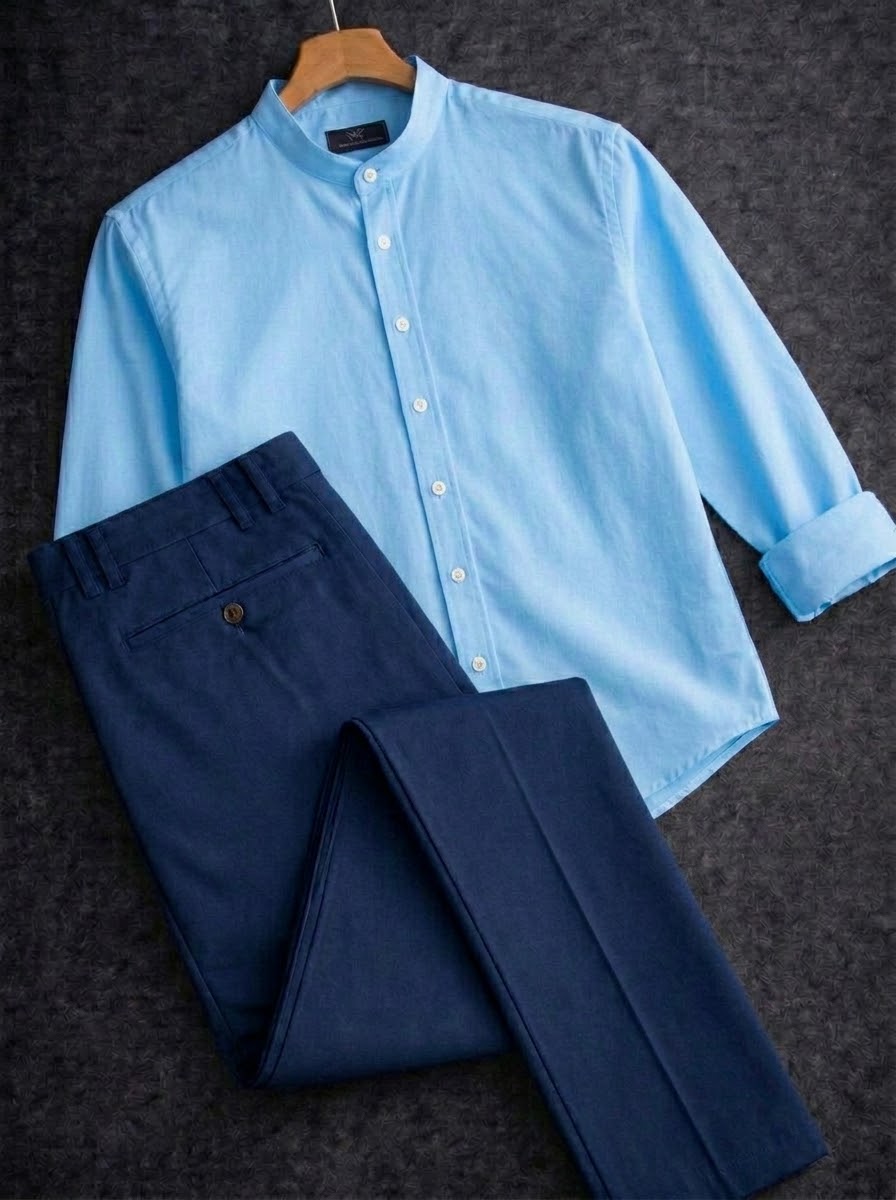 Band collar sky shirt with formal Pant_img_2