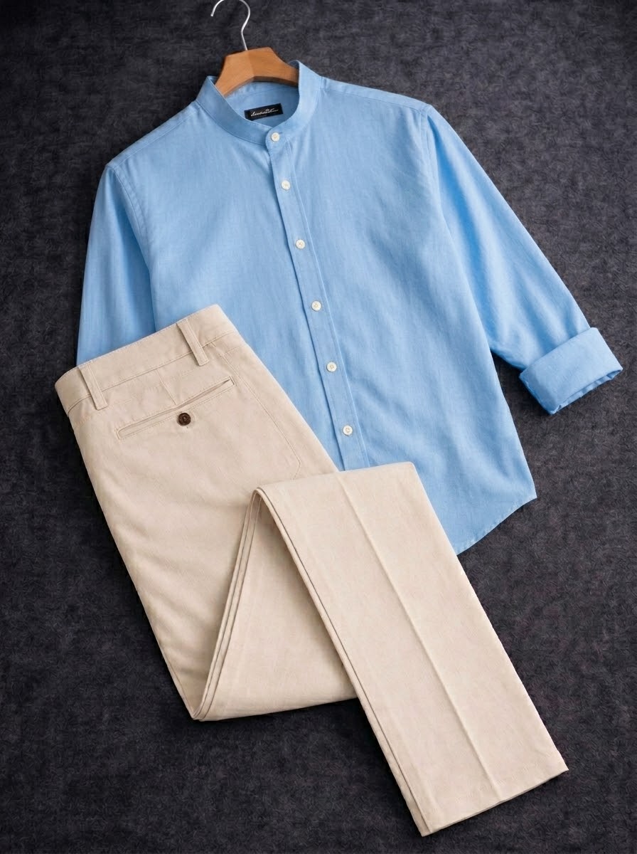 Band collar sky shirt with formal Pant_img_3