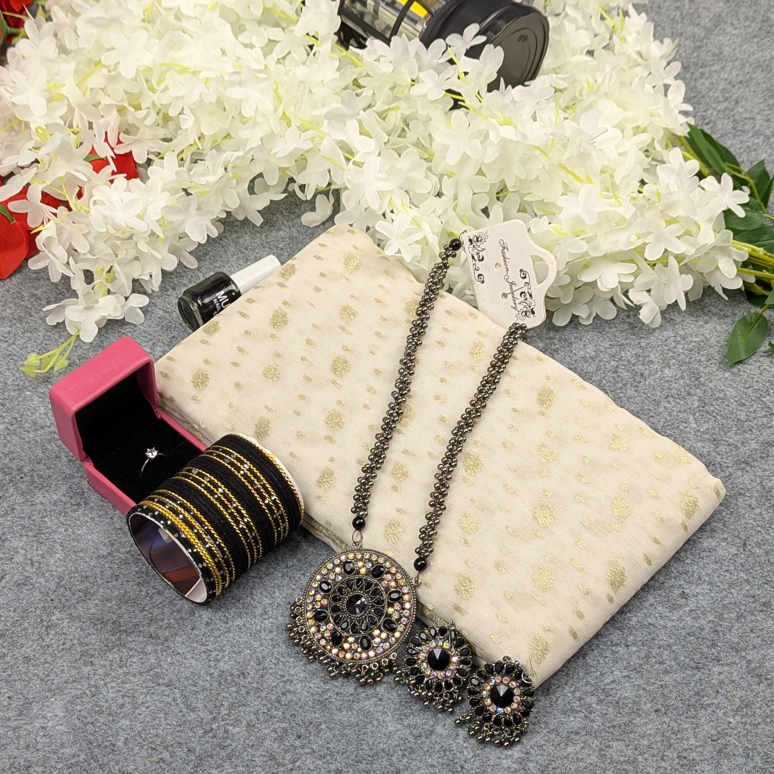Premium Half Silk Jamdani Saree Combo Set - OFF-White - Image 5