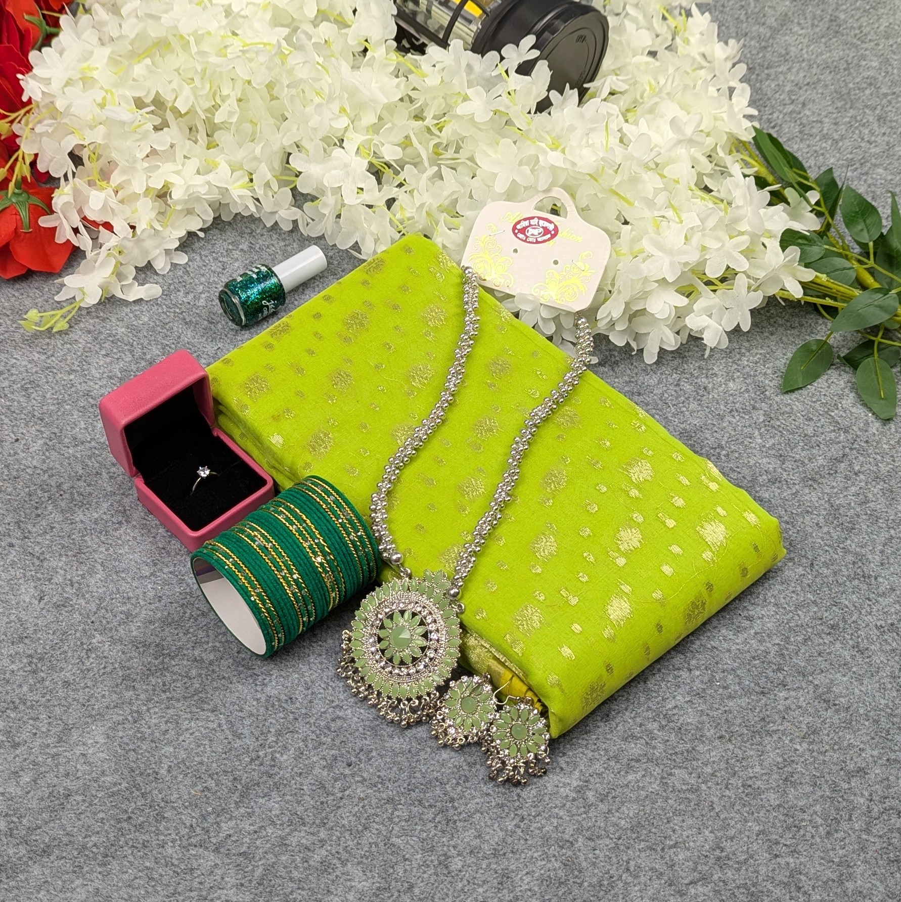Premium Half Silk Jamdani Saree Combo Set - Lemon - Image 4