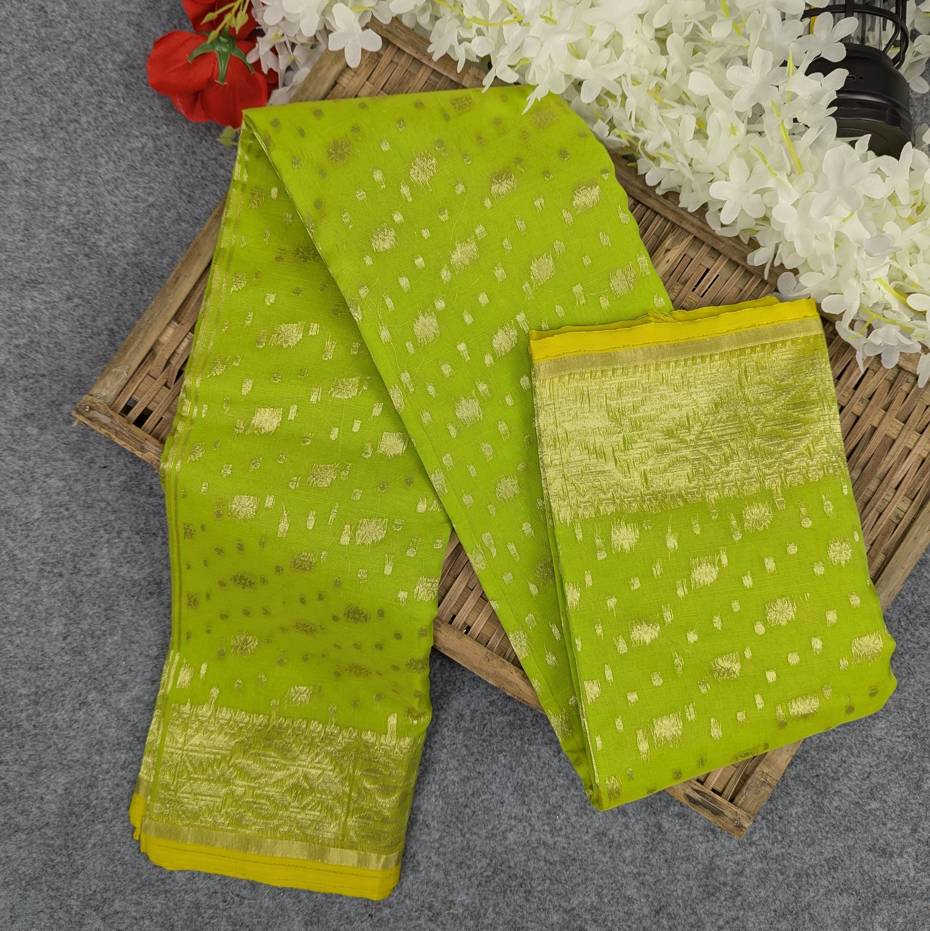 Premium Half Silk Jamdani Saree Combo Set - Lemon - Image 3