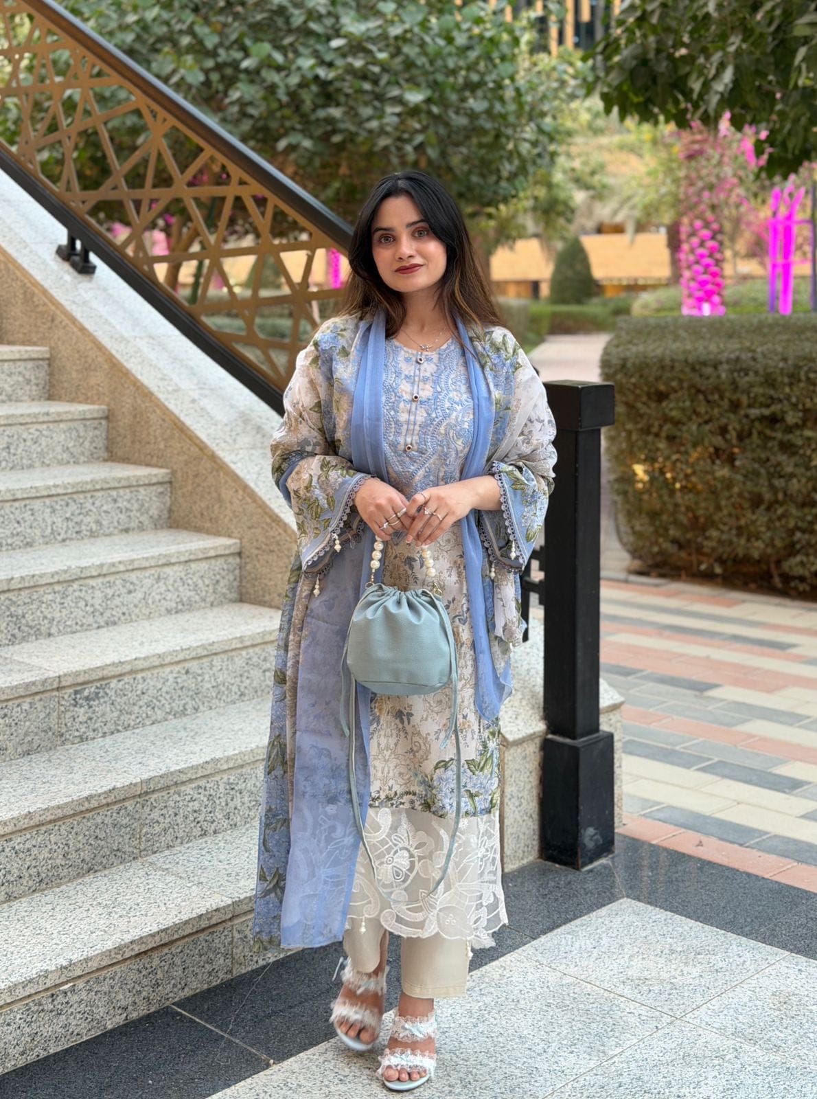 Readymade three-piece with digital print lace work design