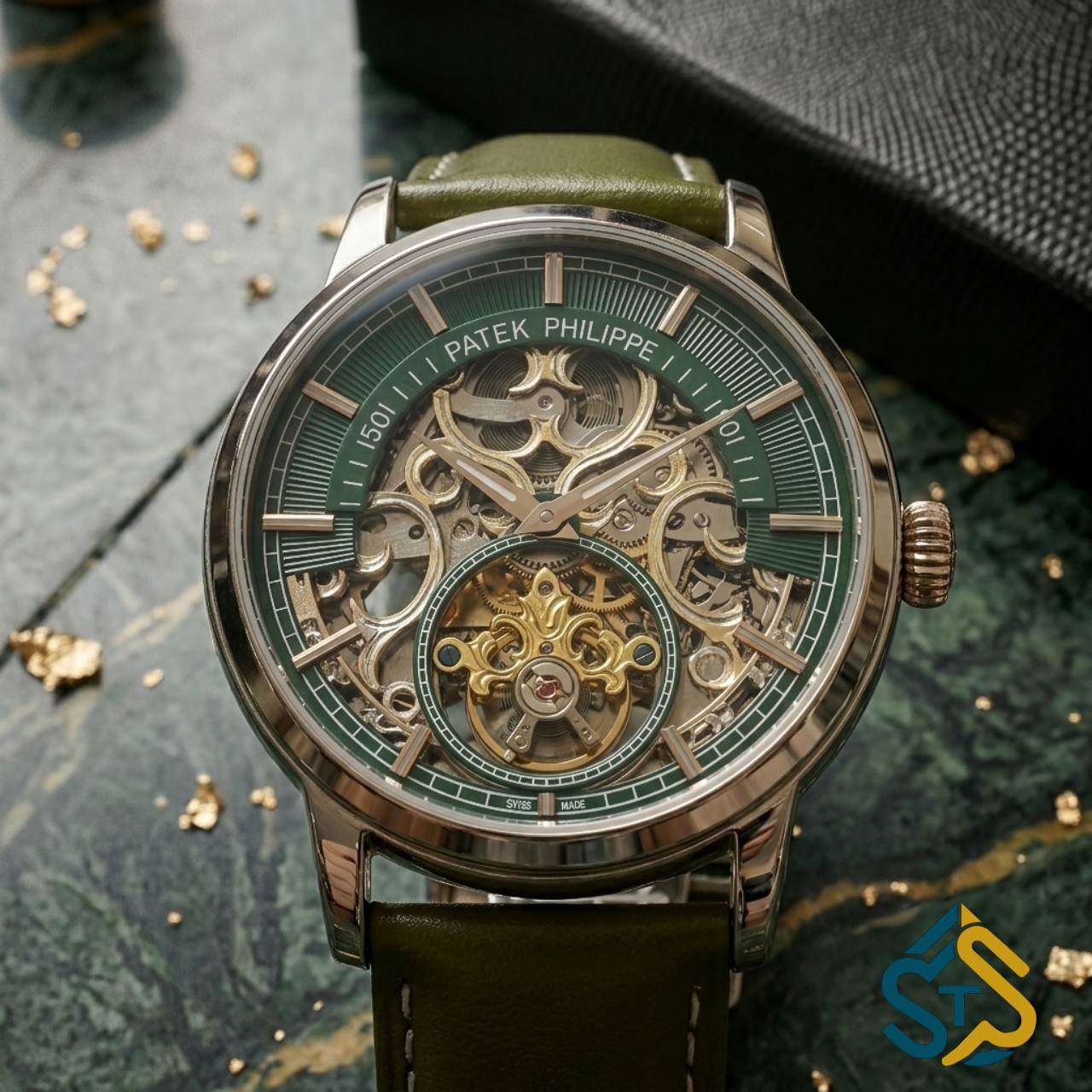 Patek Philippe Inspired Skeleton Automatic Watch – Emerald Edition image 2