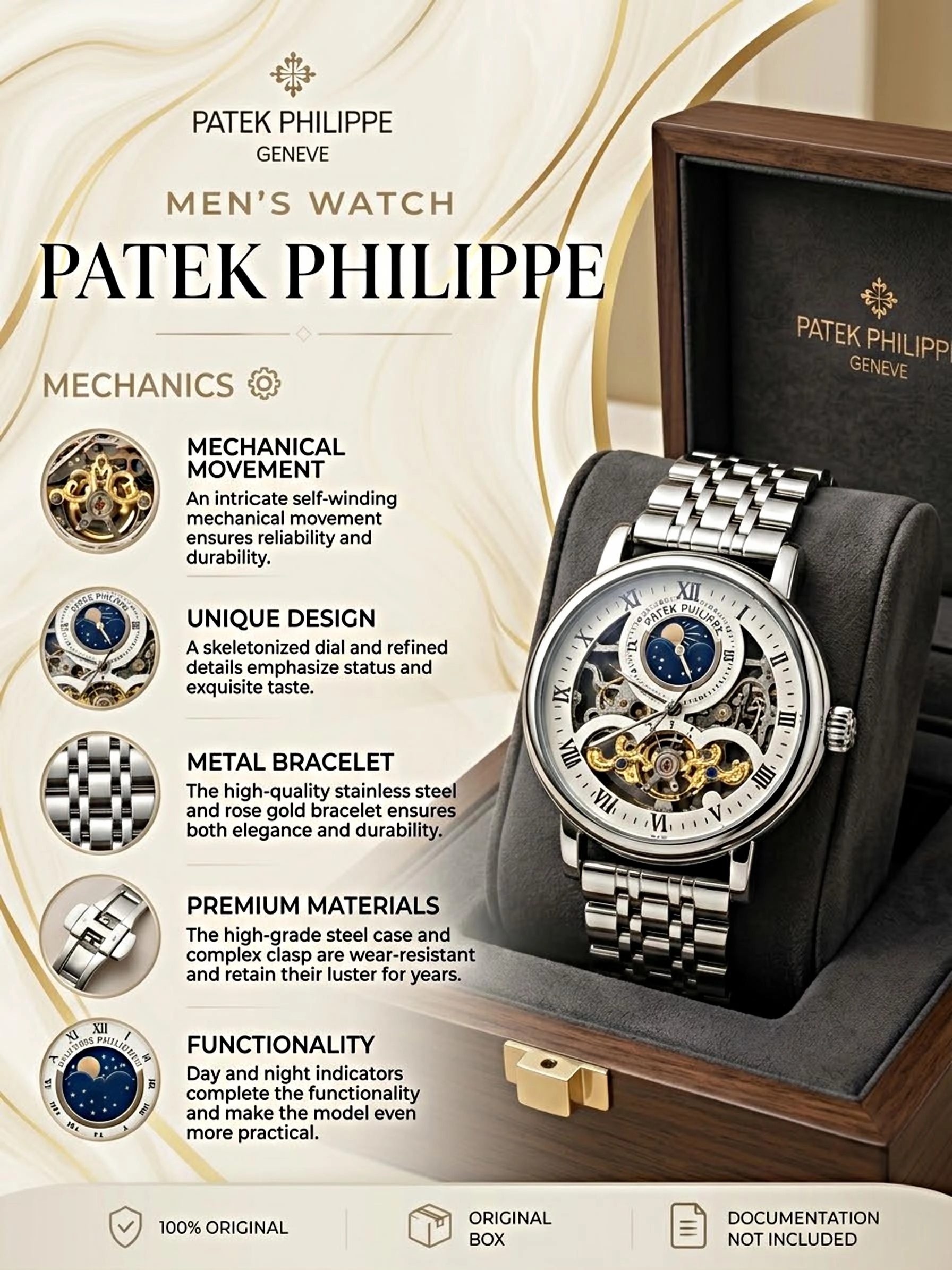 Patek Philippe Moonphase Silver Metal Bracelet image 2
