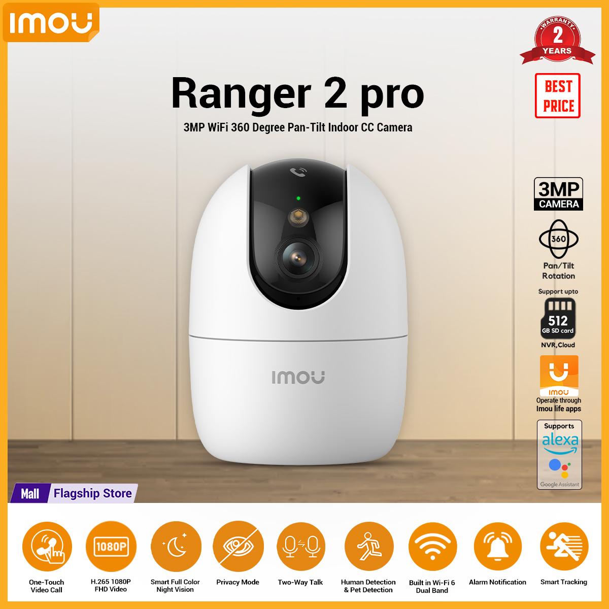 Imou Ranger 2 Pro Indoor Smart Security Camera 3MP 1080P Wi-Fi6 IP Camera with 360° Pan-Tilt, Color Night Vision, Human Detection, Privacy Mode, Two-Way Audio