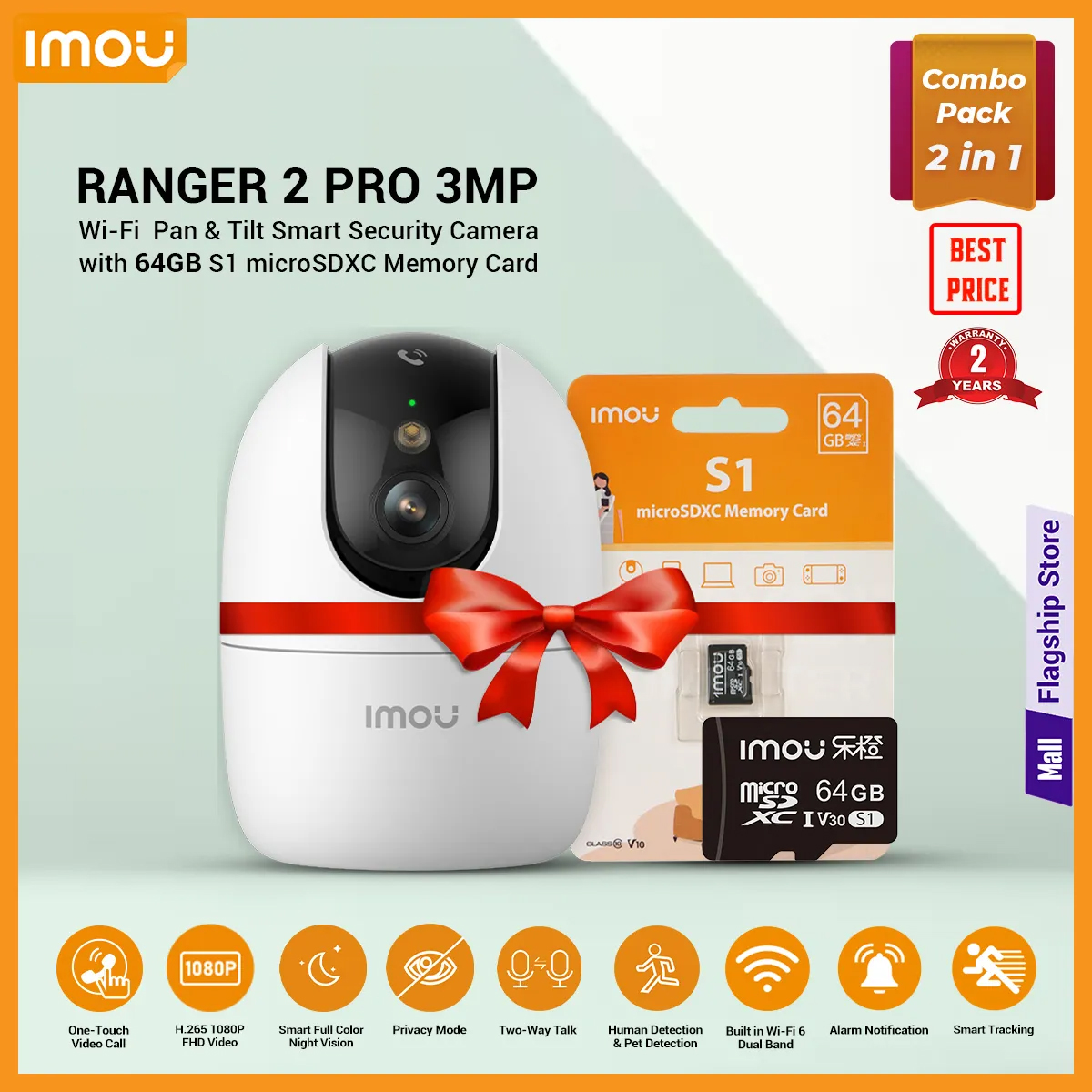 Imou Ranger 2 Pro Indoor Smart Security Camera 3MP 1080P Wi-Fi6 IP Camera with 64 GB Memory Card Free, 360° Pan-Tilt, Color Night Vision, Human Detection, Privacy Mode, Two-Way Audio