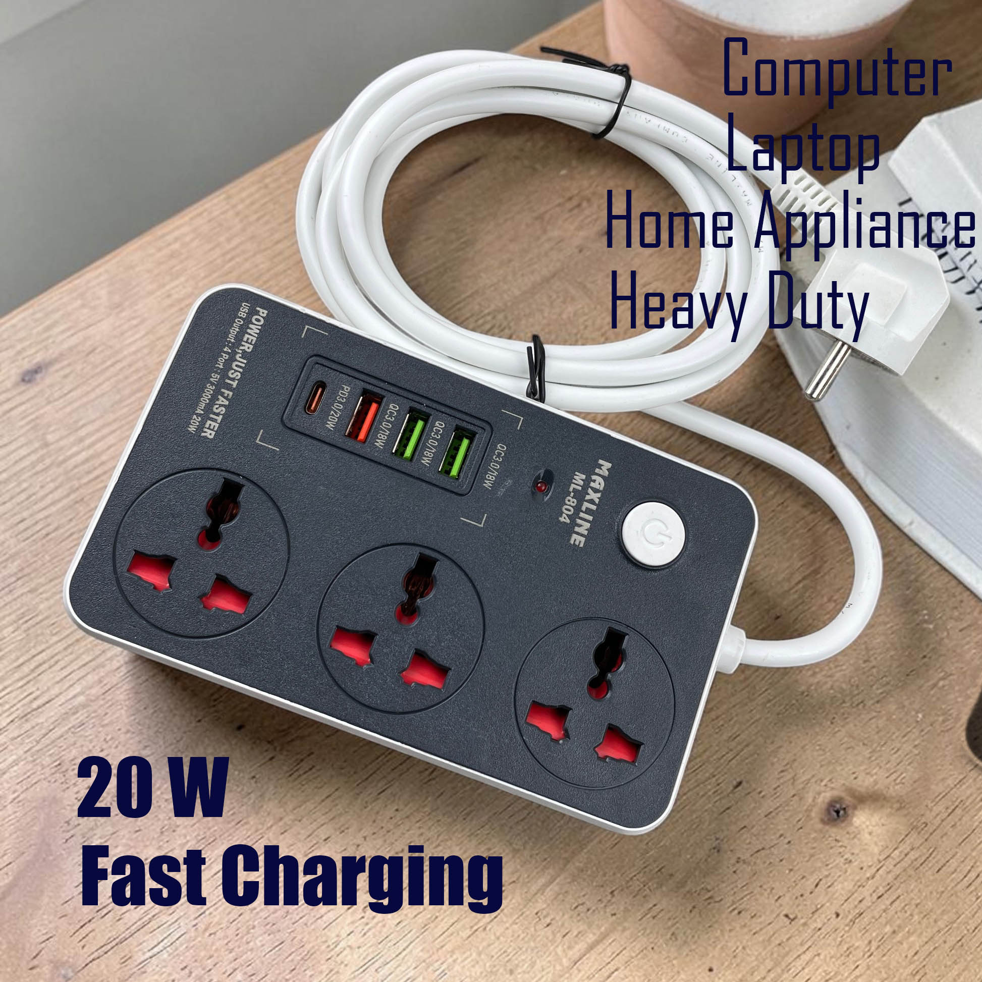 Maxline ML-804 4 USB Fast Charging Power Strip PD 20W QC 3.0 Multiplug Universal Socket