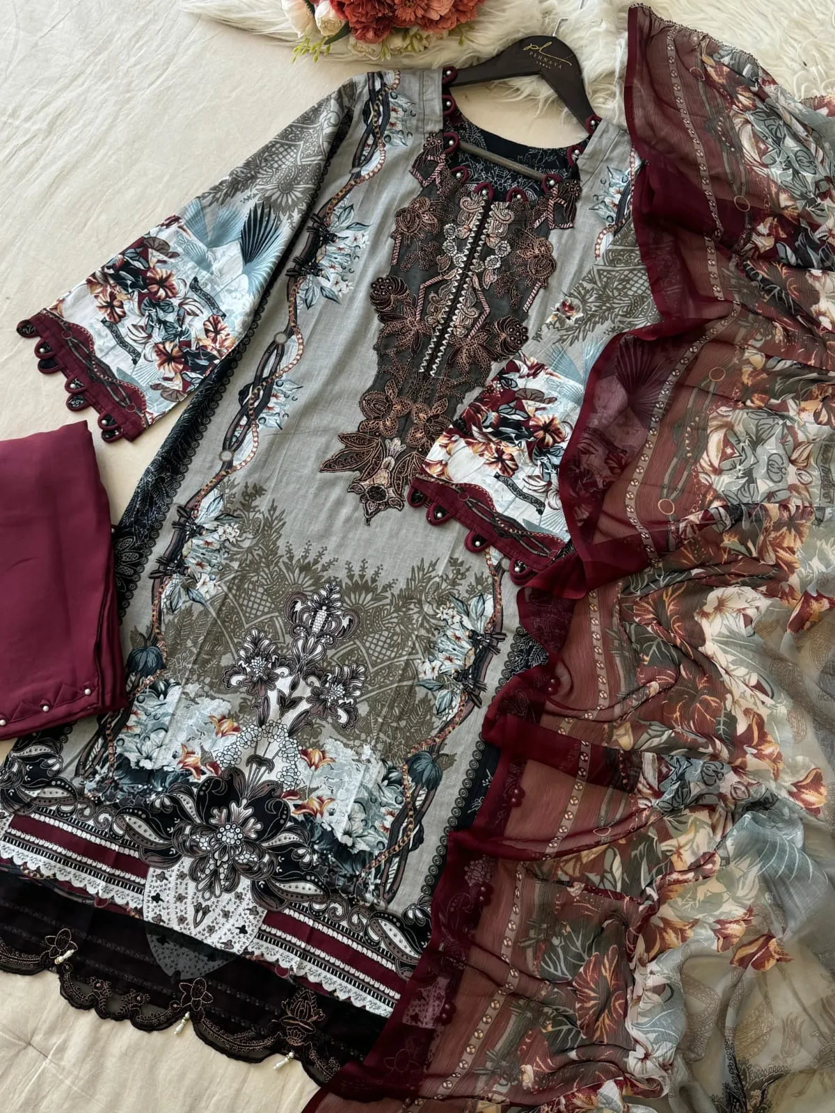 Digital Print Three Piece - WHITE AND RED