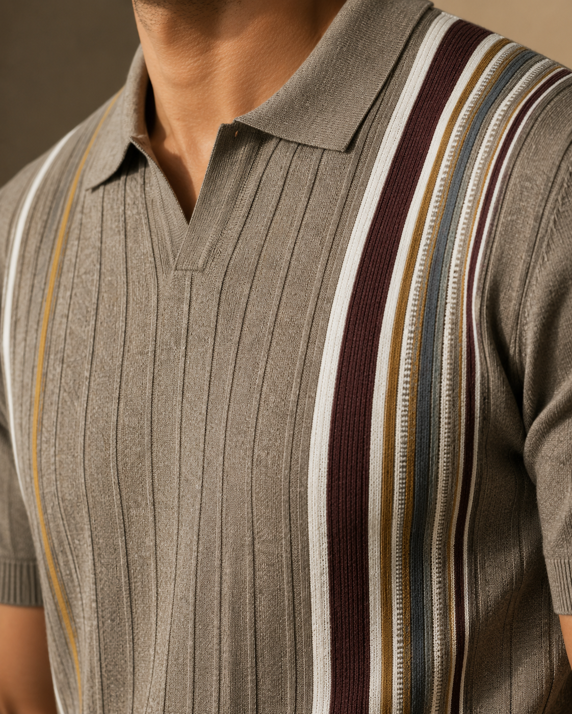 Premium Taupe Striped Knit Polo Shirt 🤎
