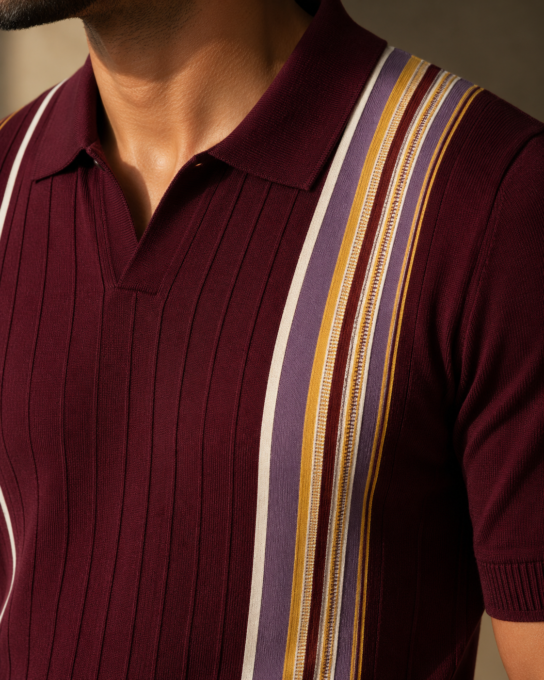 Premium Maroon Striped Knit Polo Shirt 🍷