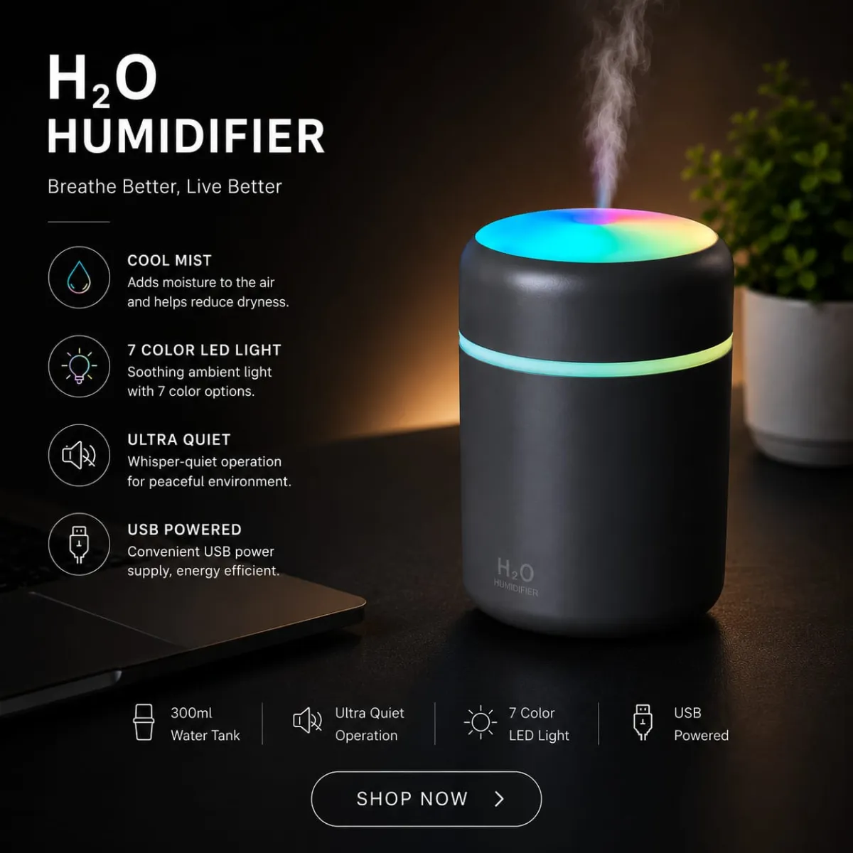 H2O Humidifier | Breath better, Live better | USB Powered | Ultra Quiet